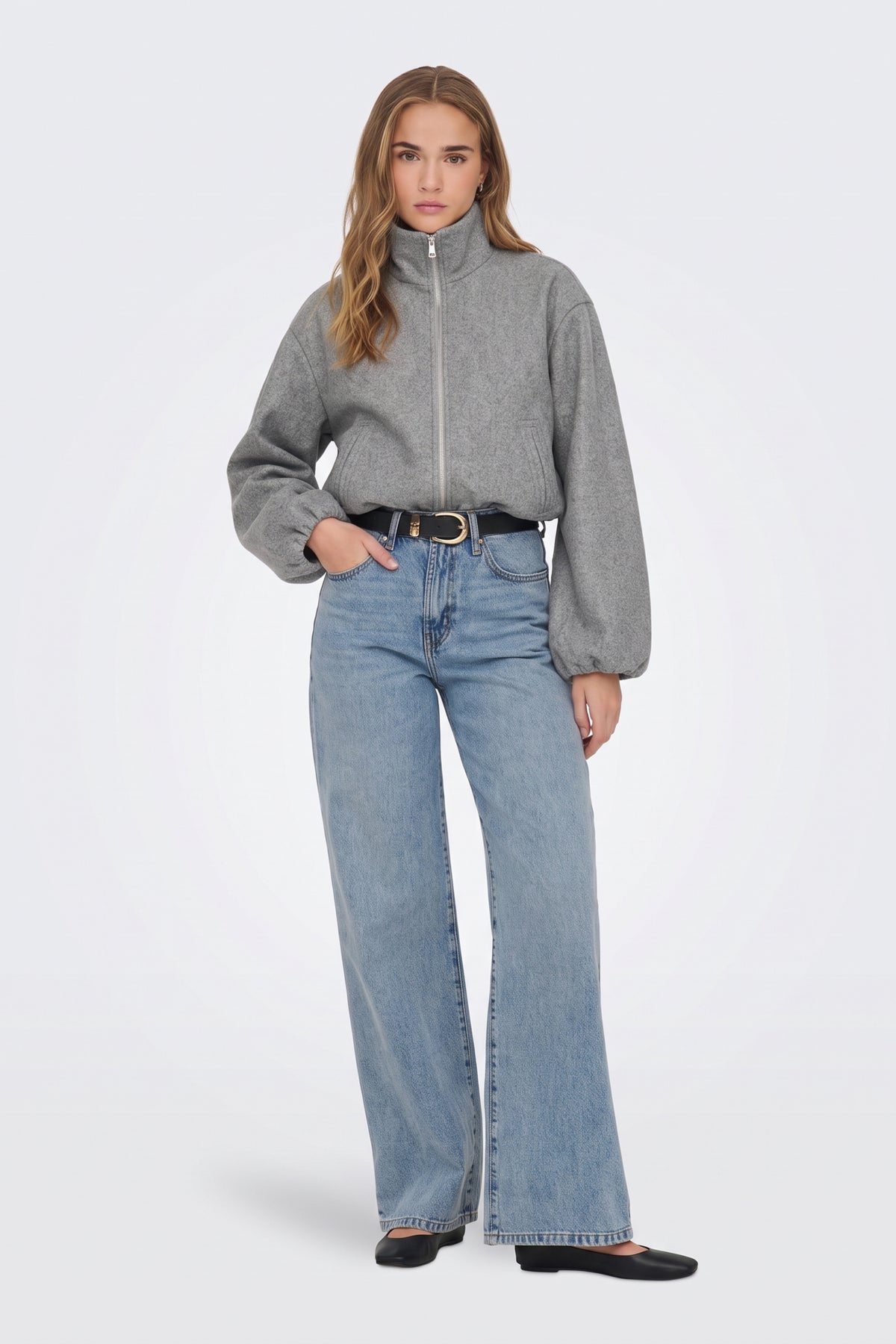 Wool Grey Bomber Jacket Funnel Neck full length on model