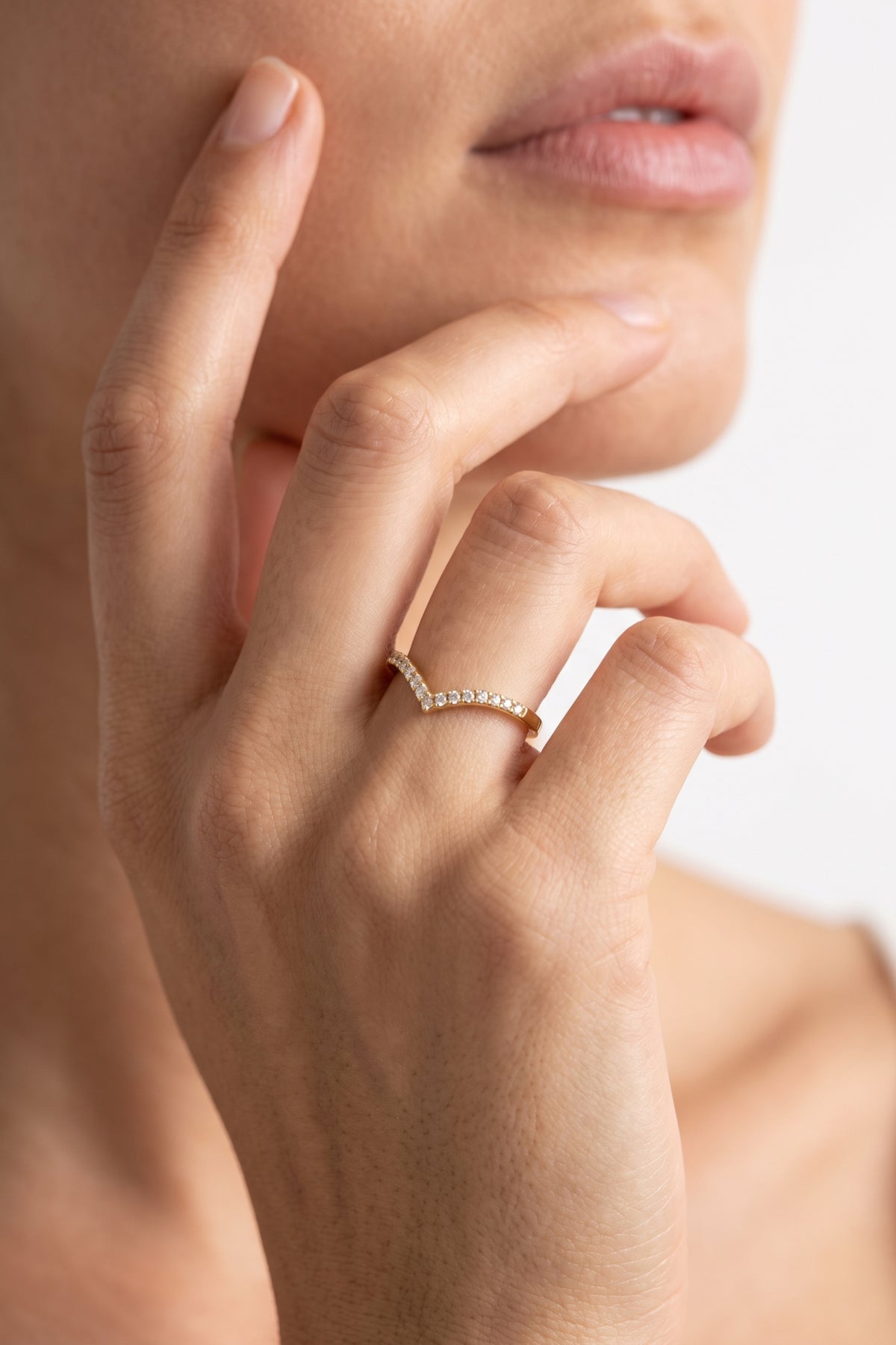 Gold Plated Ring Chevron Crystal Slim Band