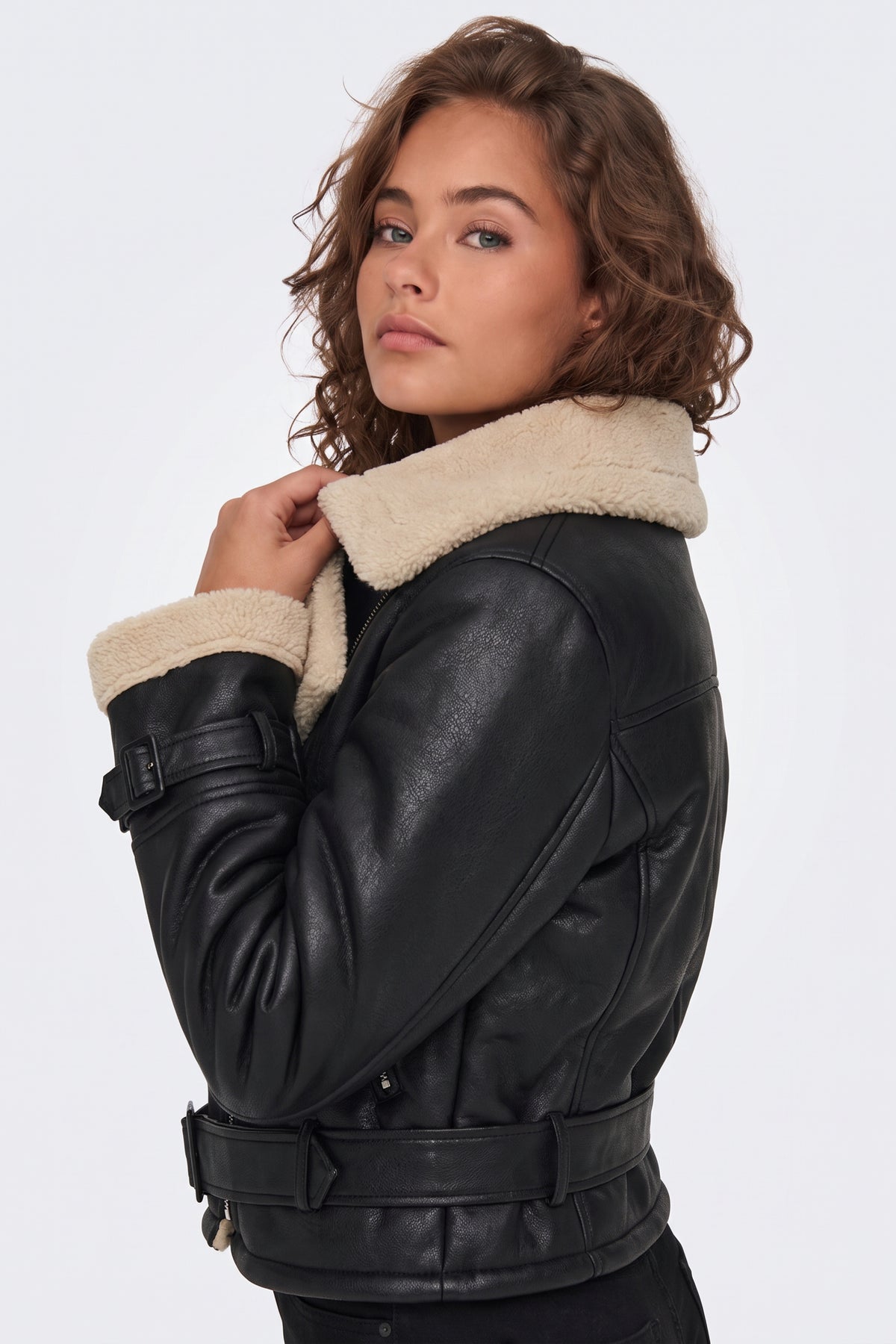 Black Aviator Jacket Cropped Belted Women