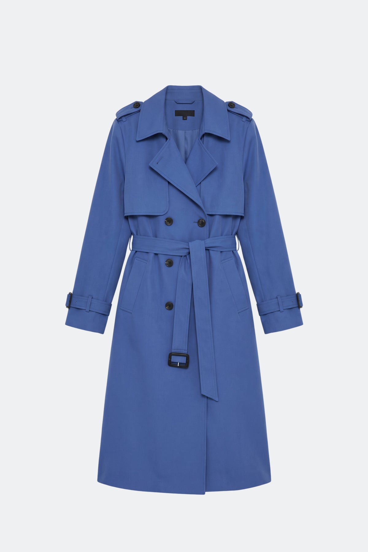 Blue long trench coat women, front