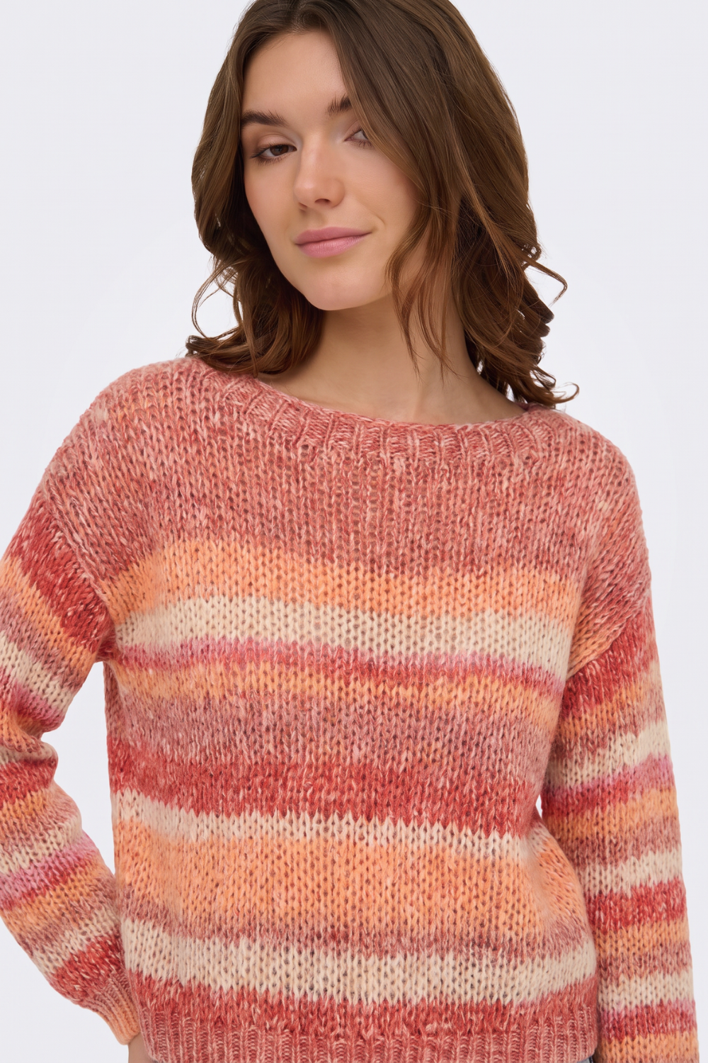Multi stripe jumper with wide boat neck, close-up on model