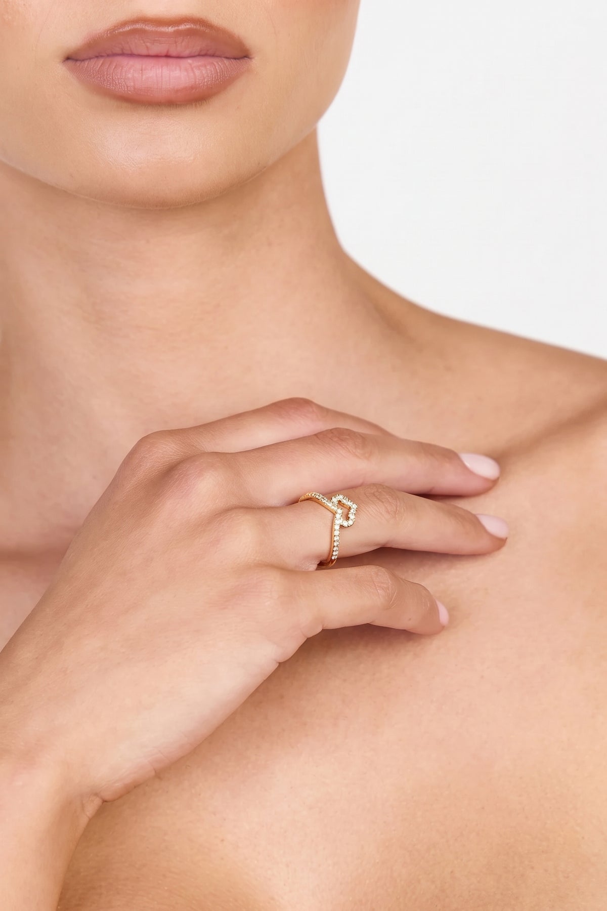 Gold Plated Ring Heart Chevron Pave