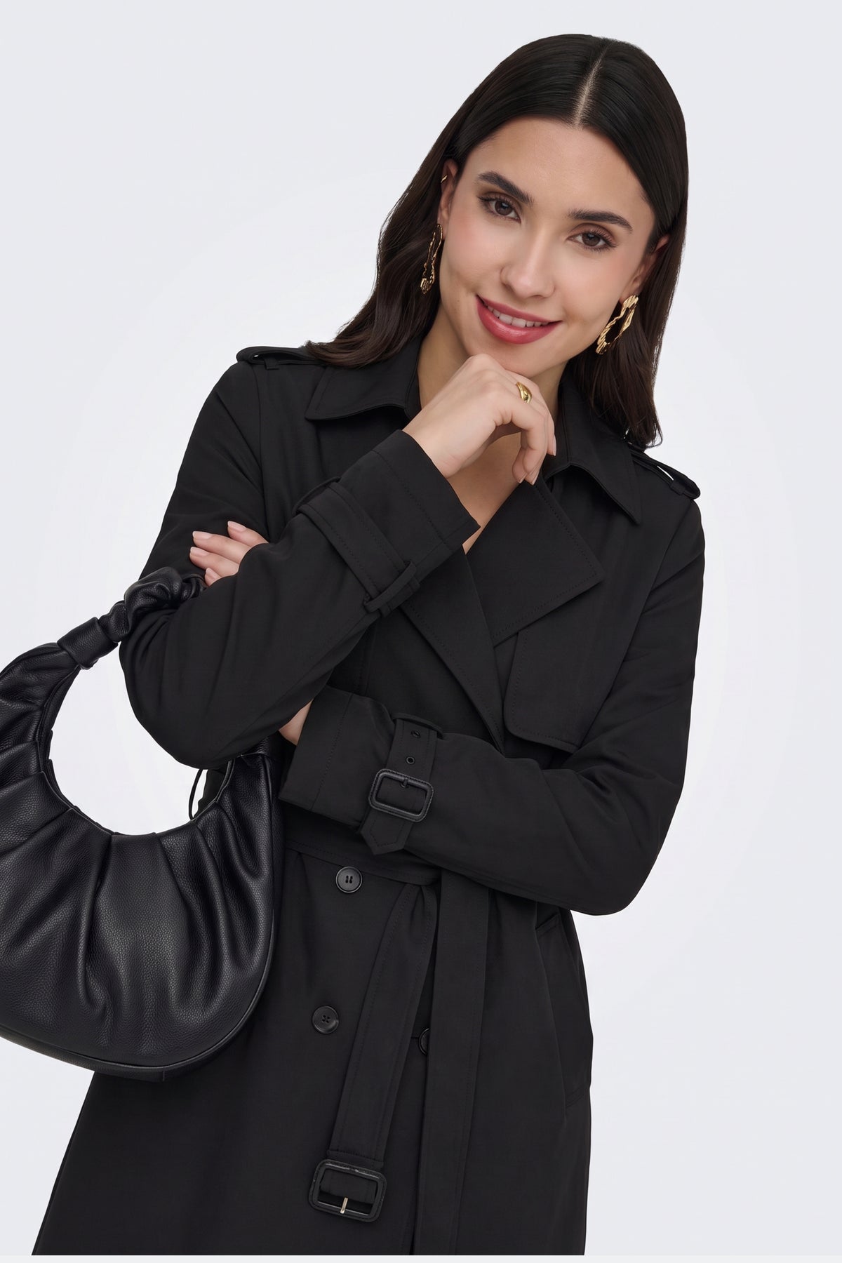 Black trench coat belt buckle and double breasted buttons