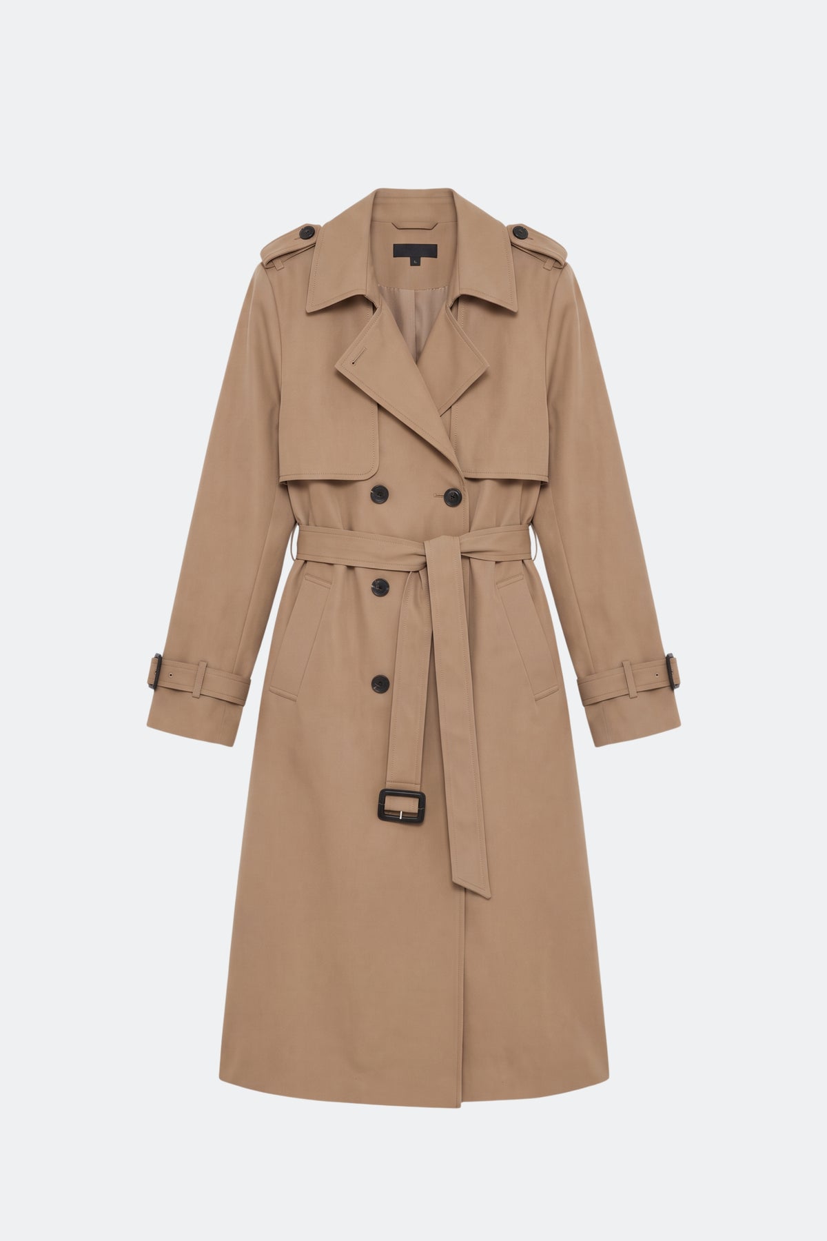 Camel long trench coat women, front
