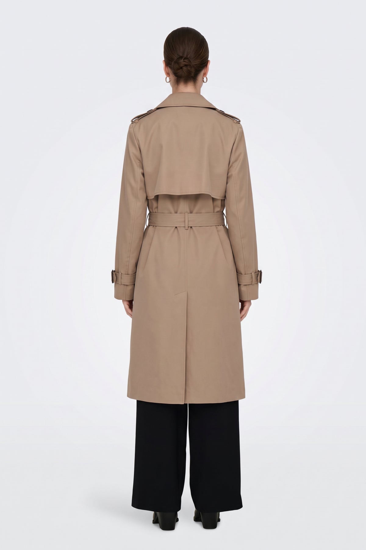 Camel long trench coat back view with storm flap