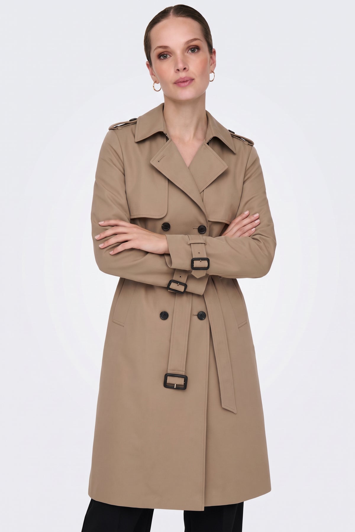 Camel trench coat belt buckle and double breasted buttons