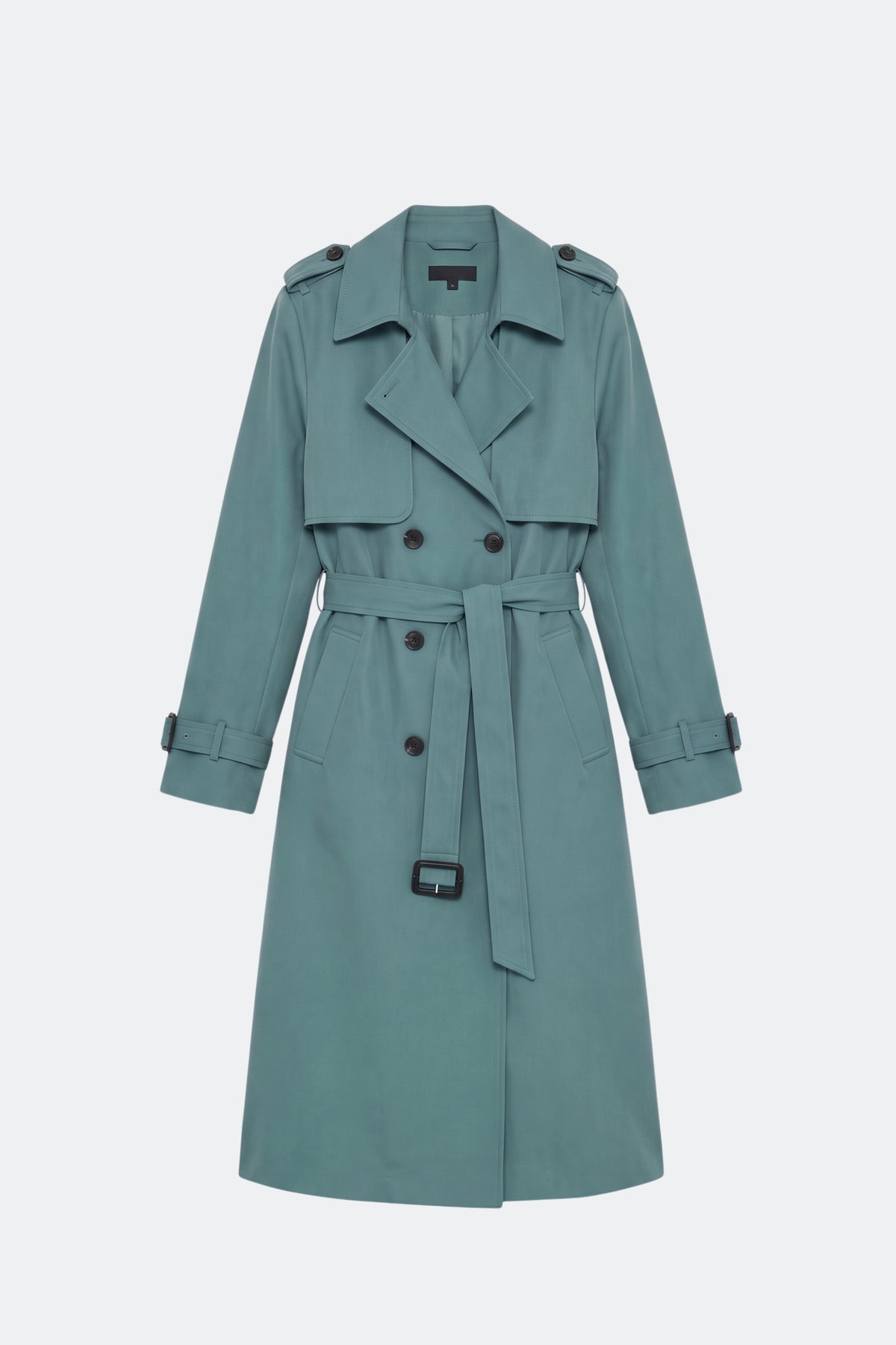 Sage long trench coat women, front