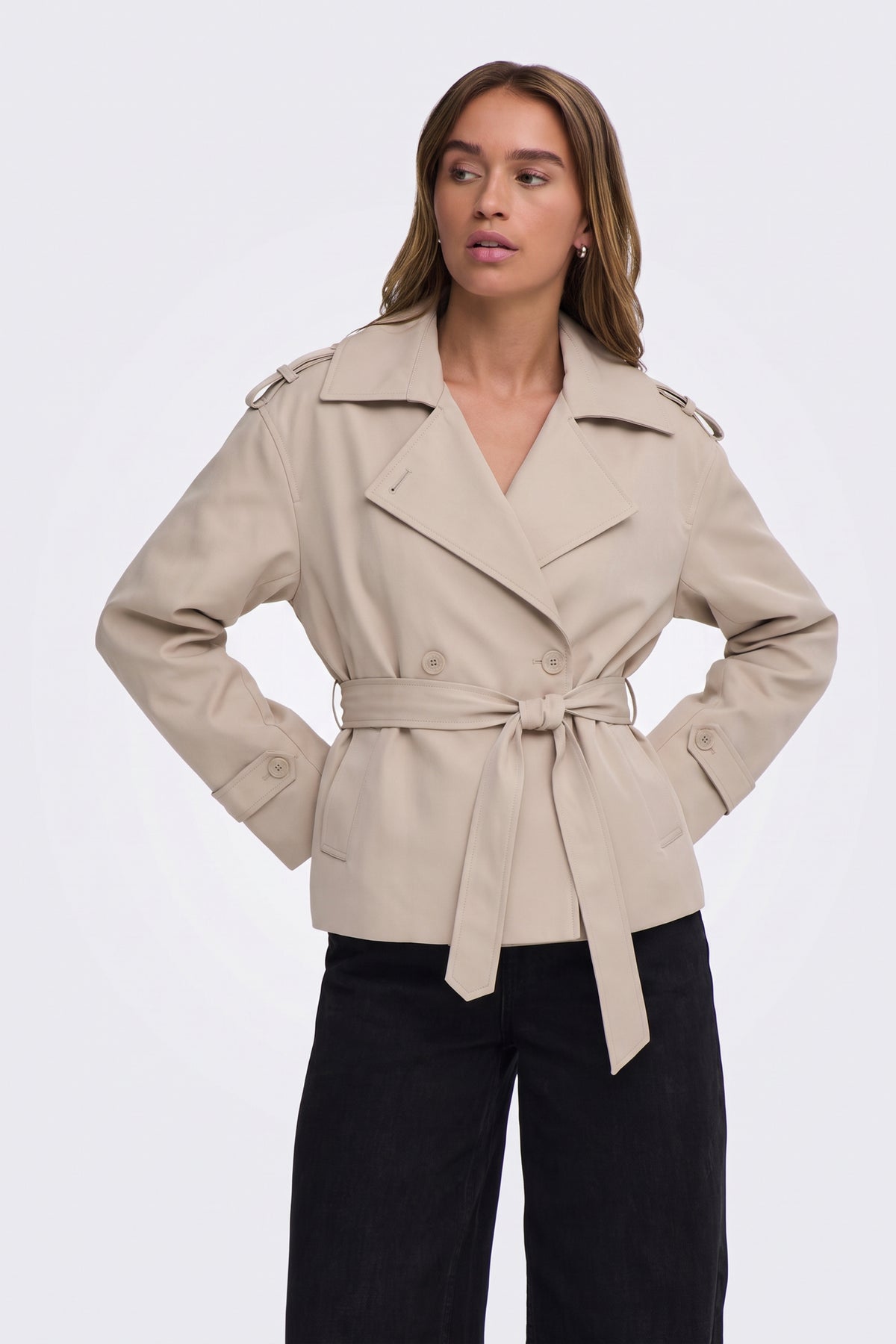 Stone short belted trench jacket on model, front view