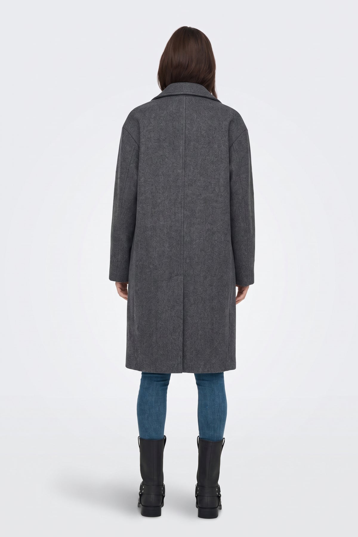 Dark grey long coat back view with back vent, on model