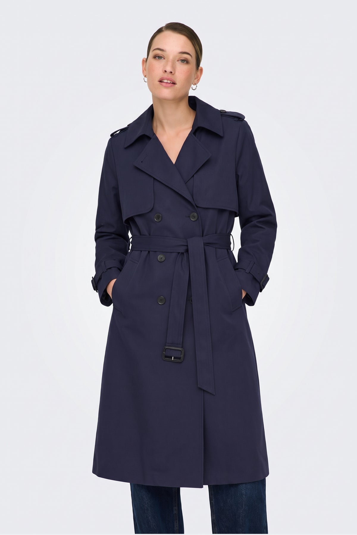 Navy trench coat belt buckle and double breasted buttons