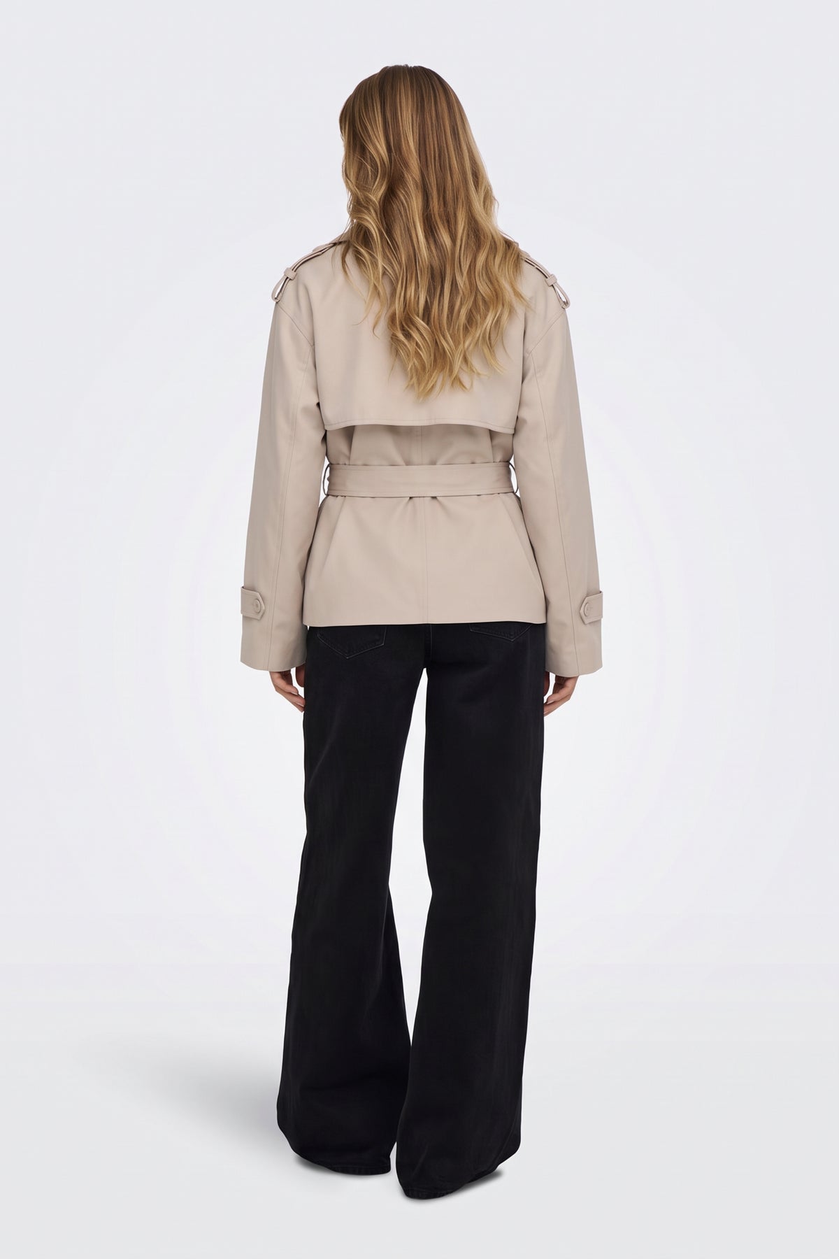 Stone short trench jacket back view with storm flap