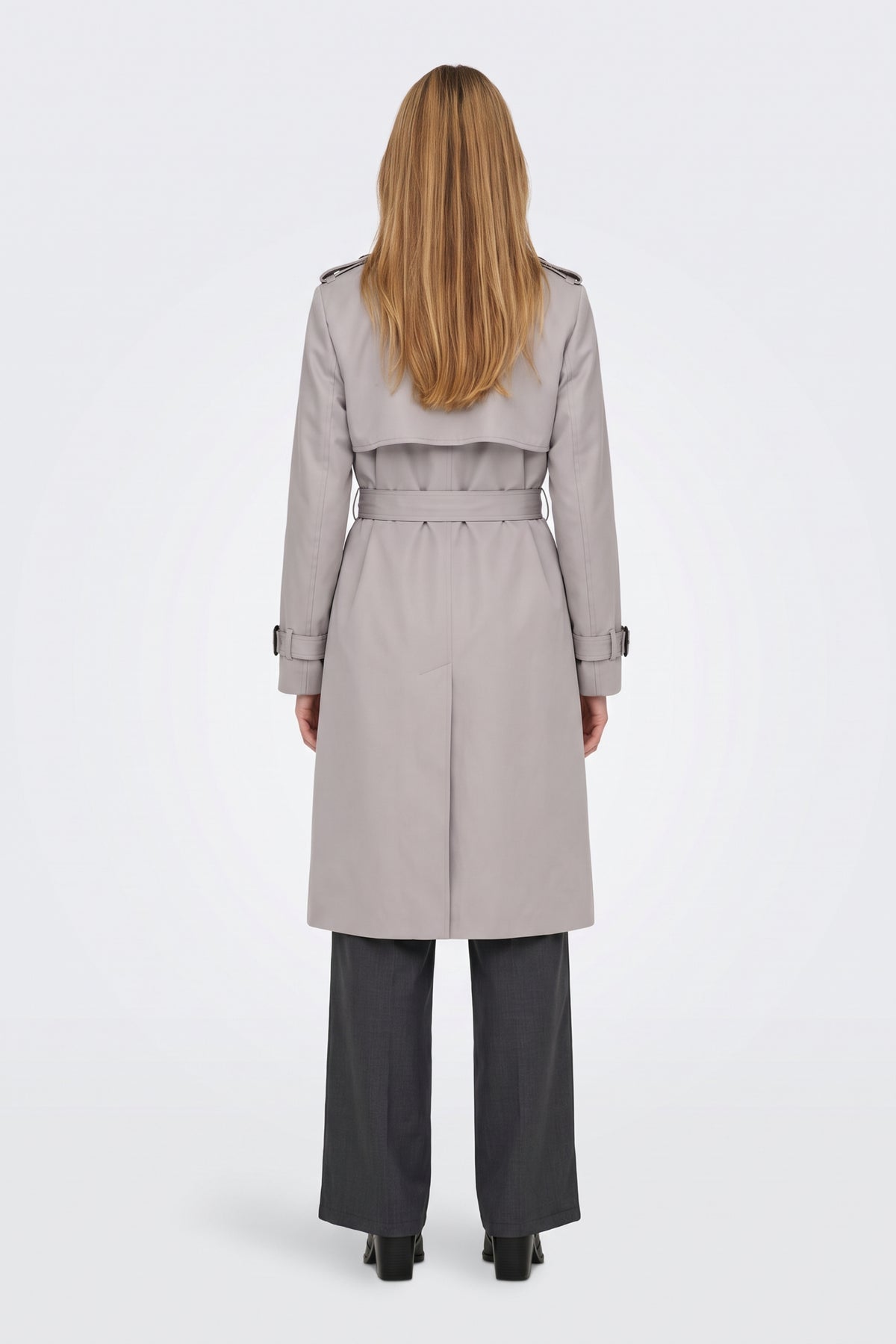 Grey long trench coat back view with storm flap