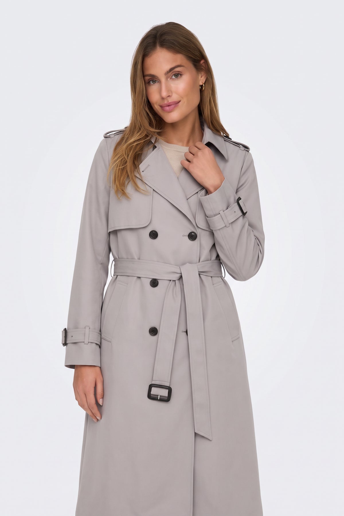 Grey trench coat belt buckle and double breasted buttons