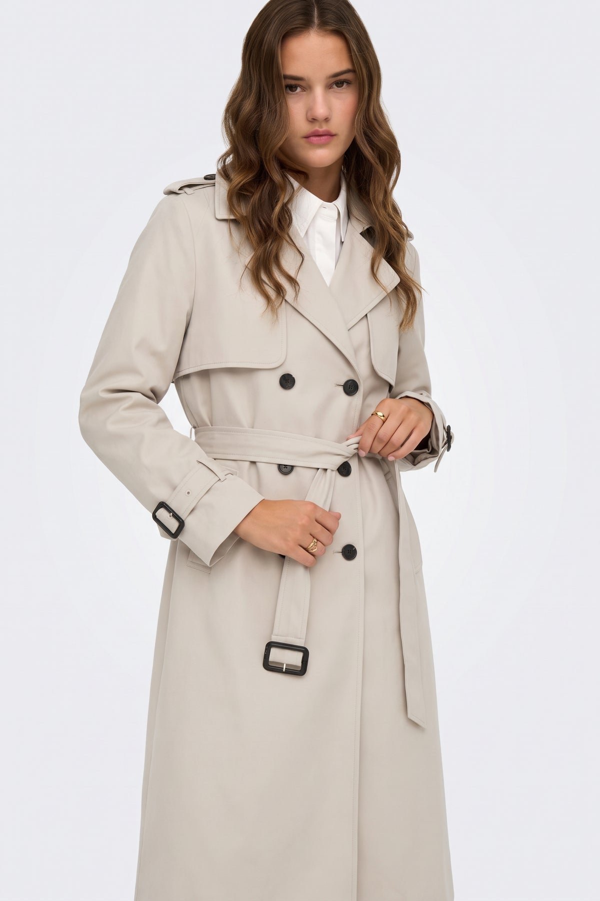 Cream trench coat belt buckle and double breasted buttons