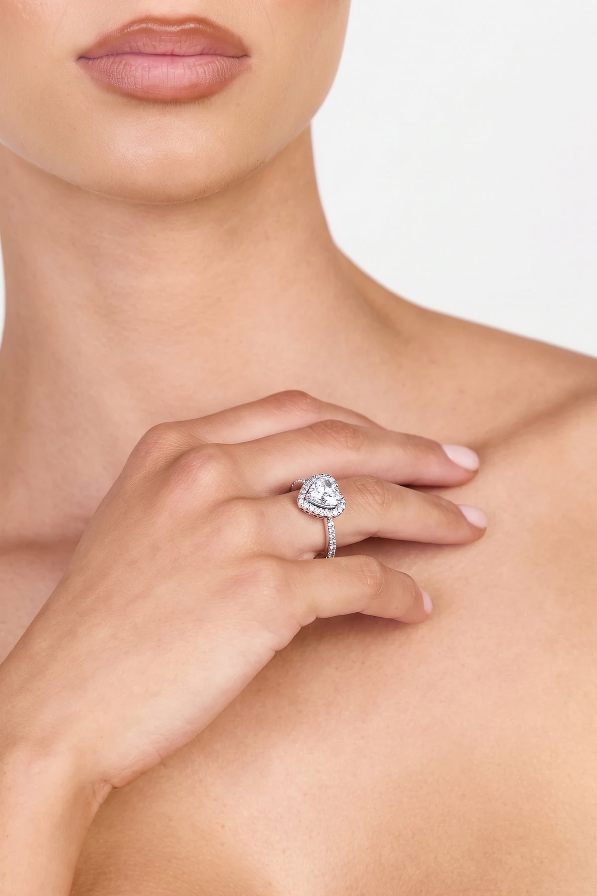 Silver Plated Ring Heart Halo Crystal