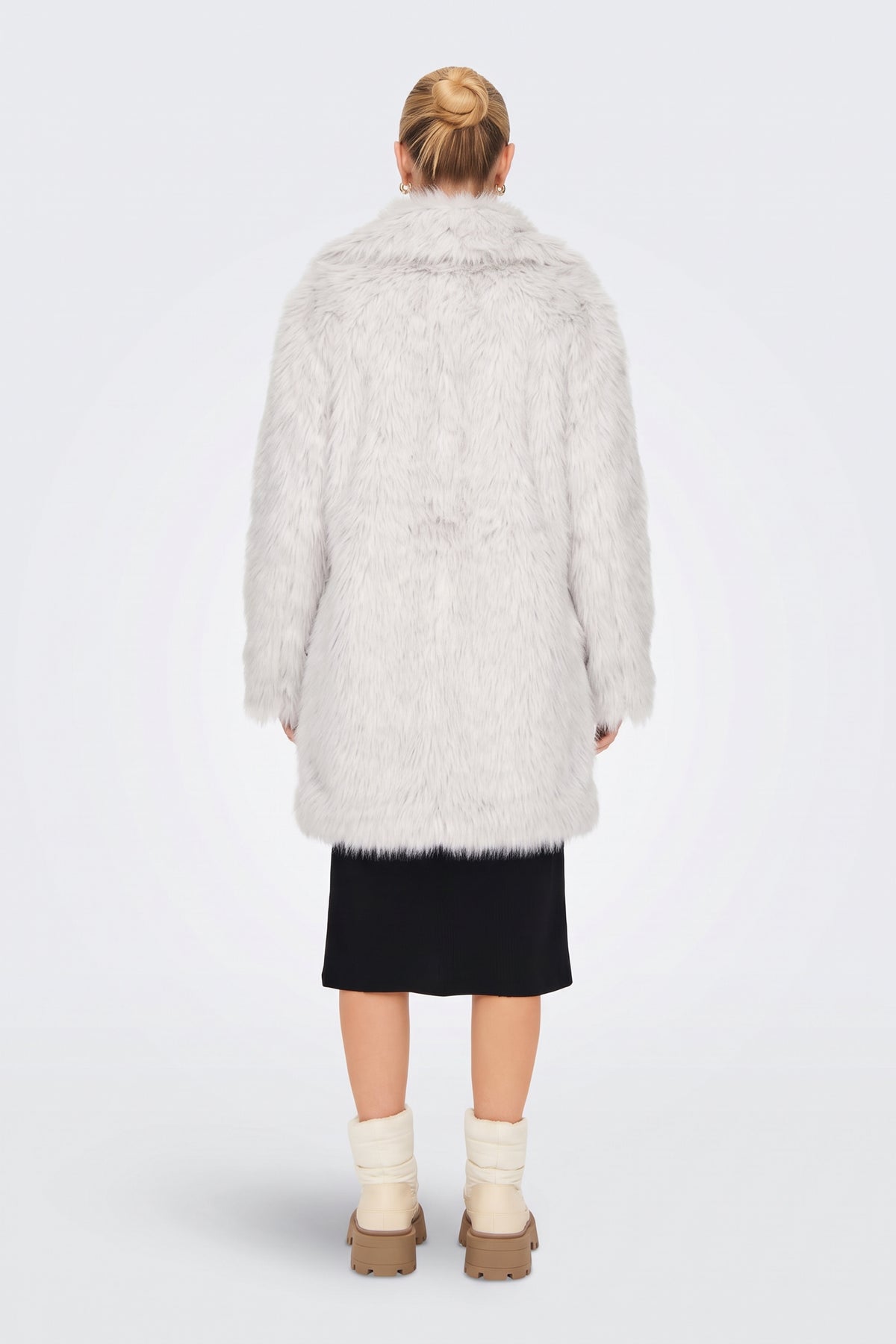 White faux fur coat back view