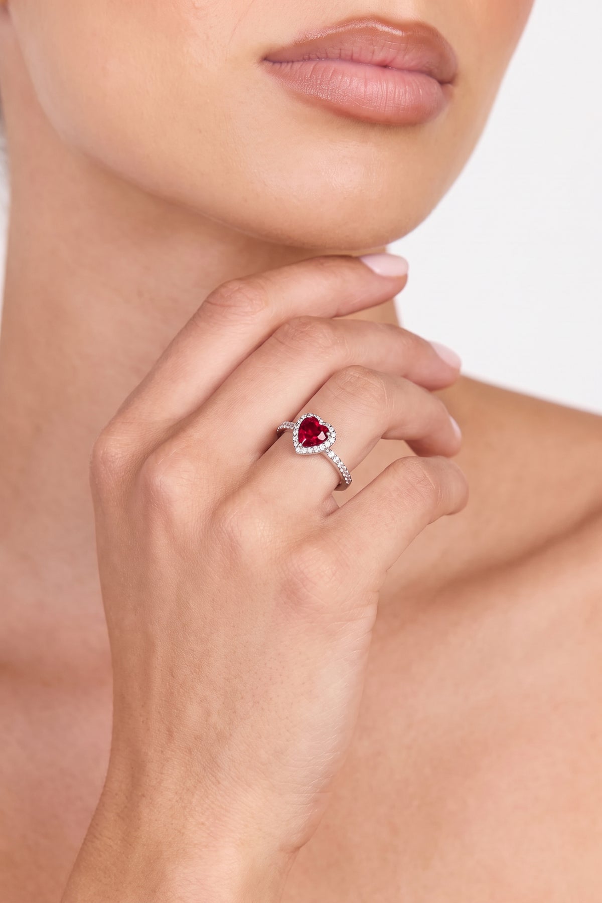Silver Plated Ring Red Heart Halo
