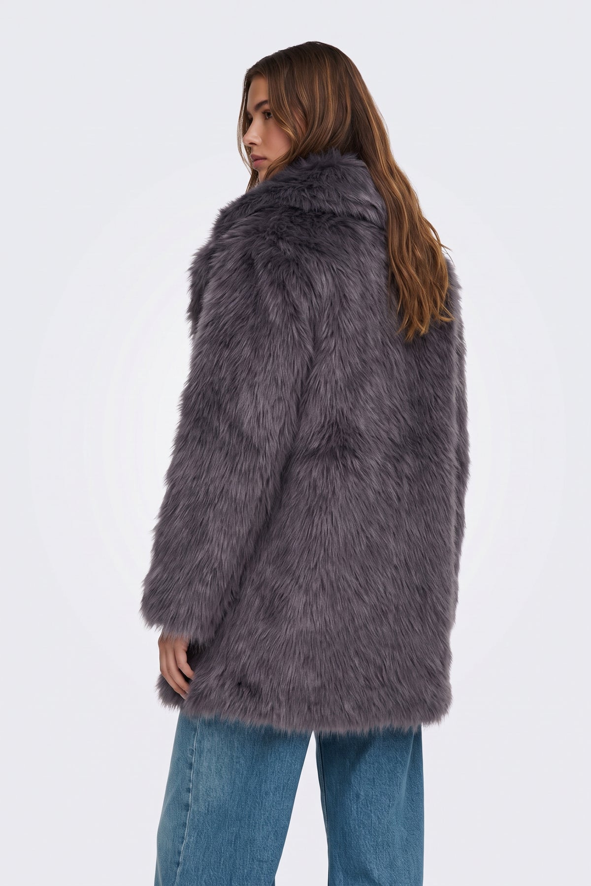Grey faux fur coat back view
