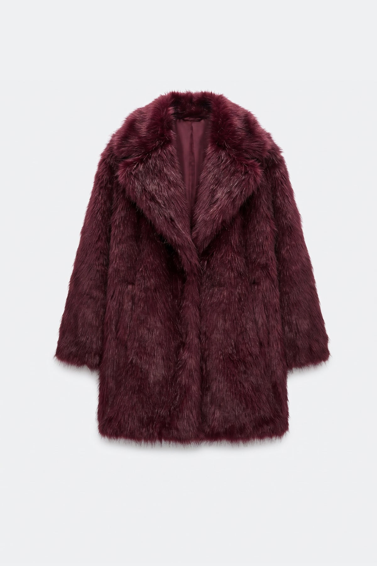 Burgundy faux fur coat women, front