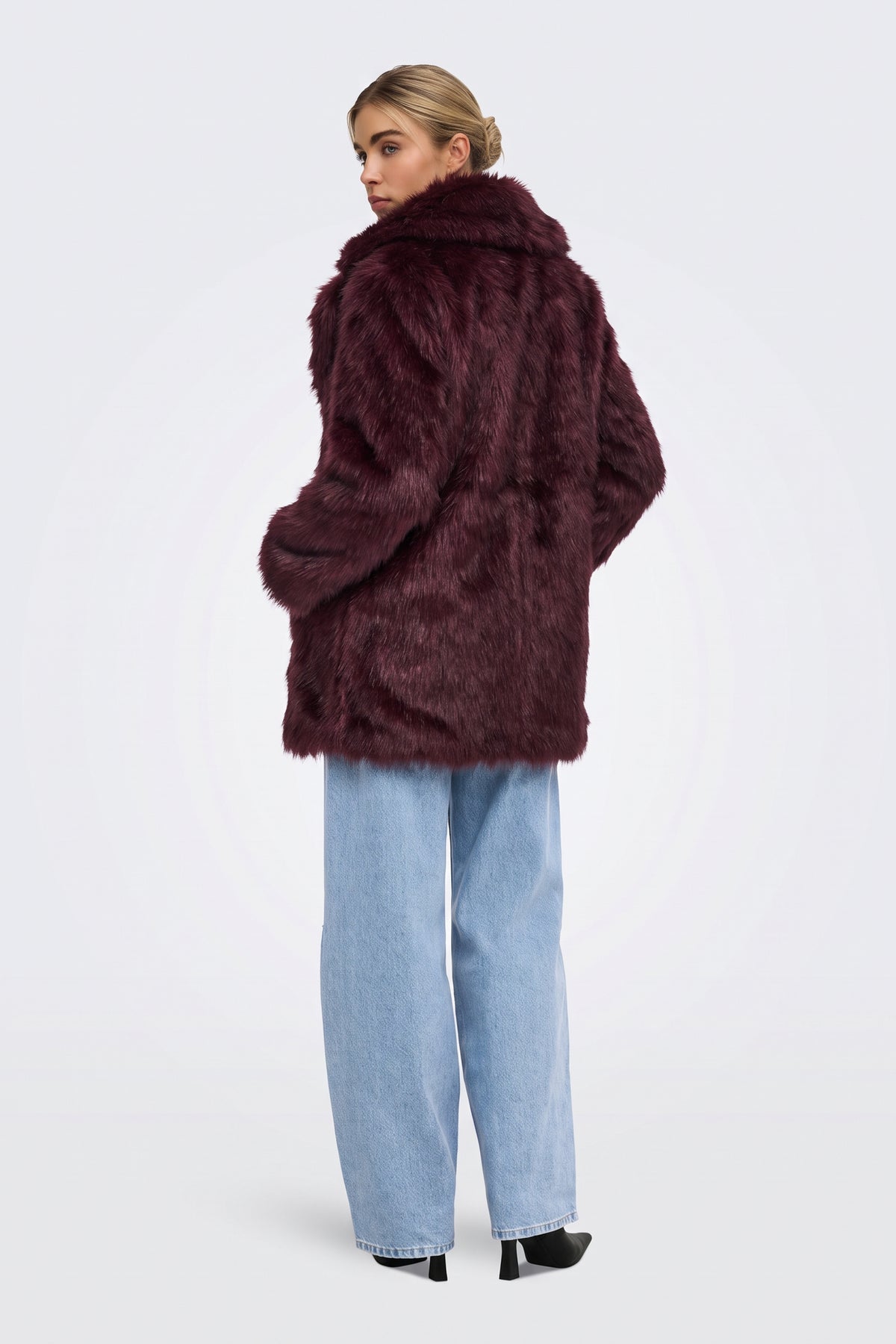 Burgundy faux fur coat back view