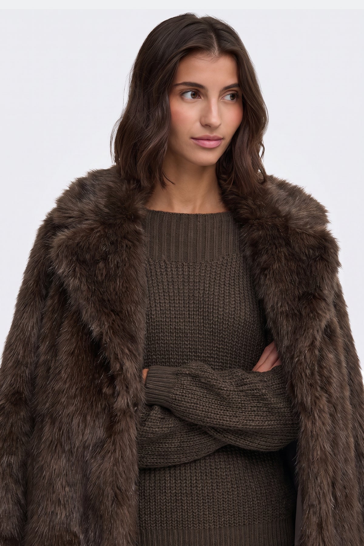 Brown faux fur coat collar and texture close up