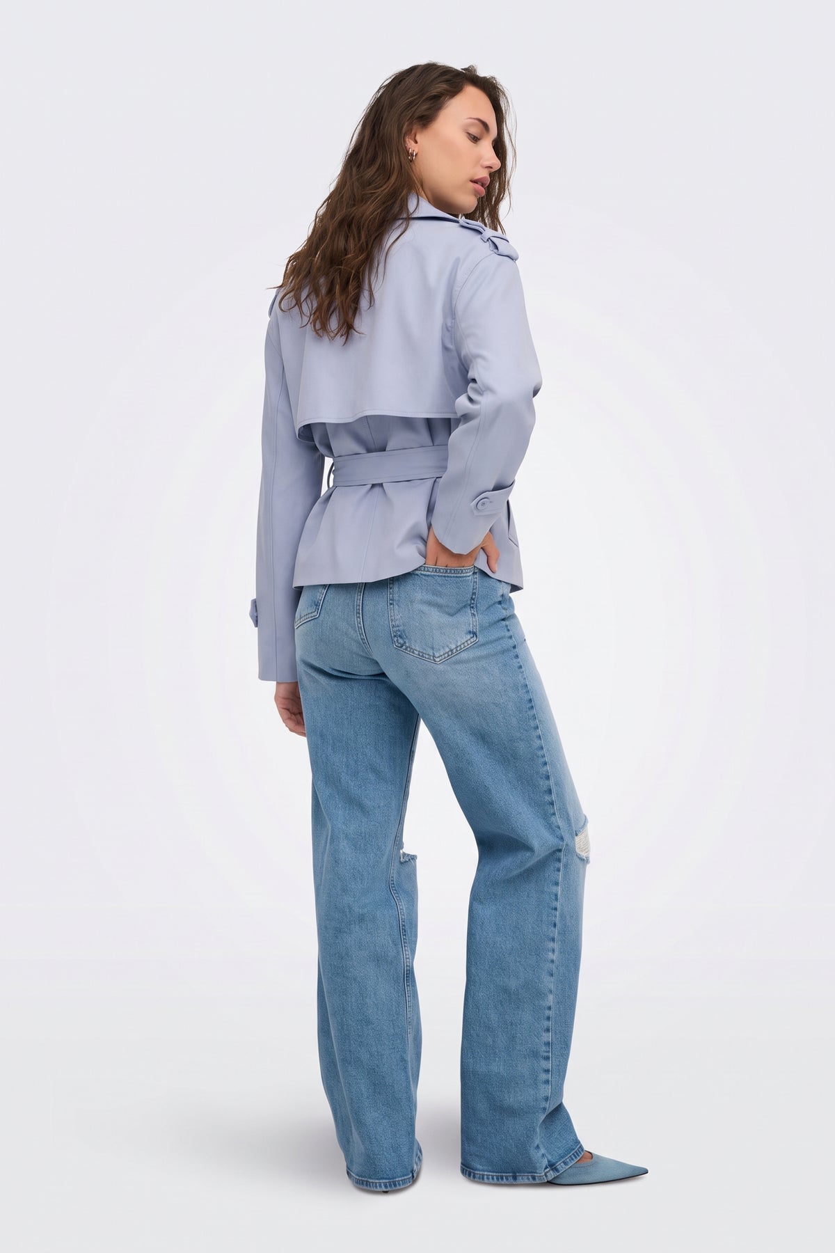 Lilac short trench jacket back view with storm flap