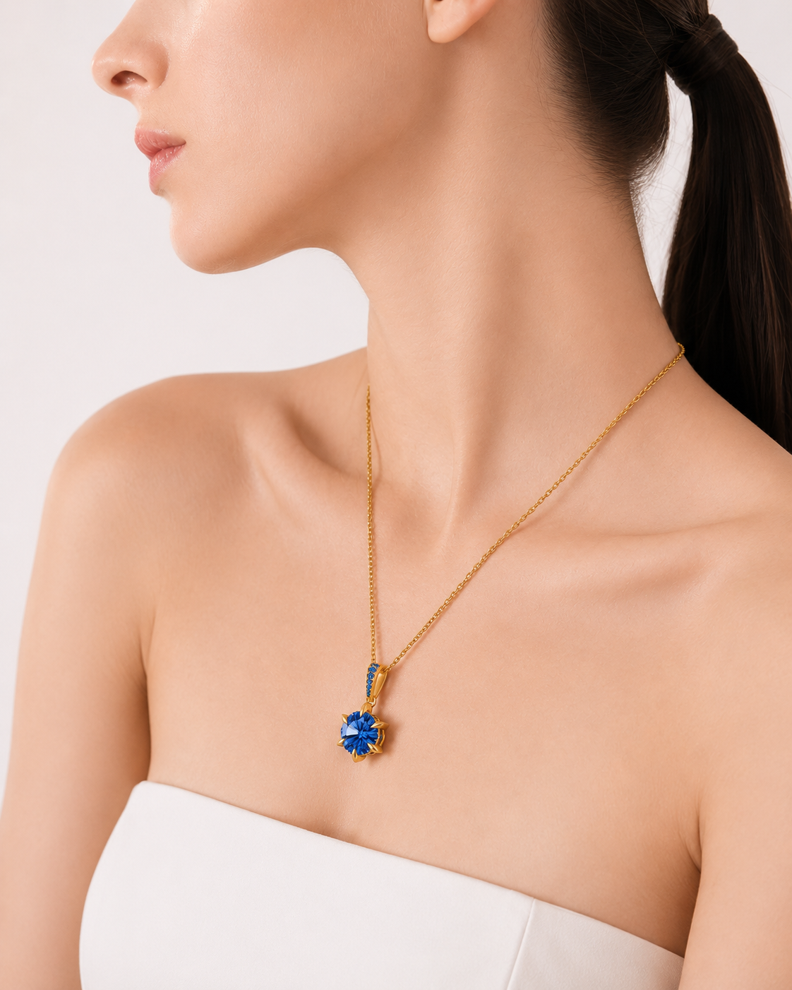 Gold Blue Crystal Pendant Necklace