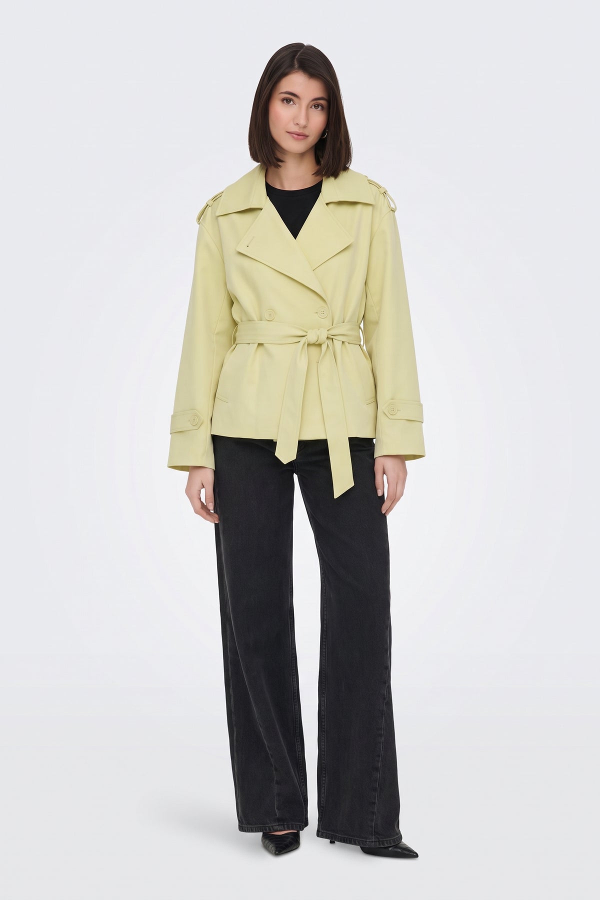 Yellow short trench jacket full length on model