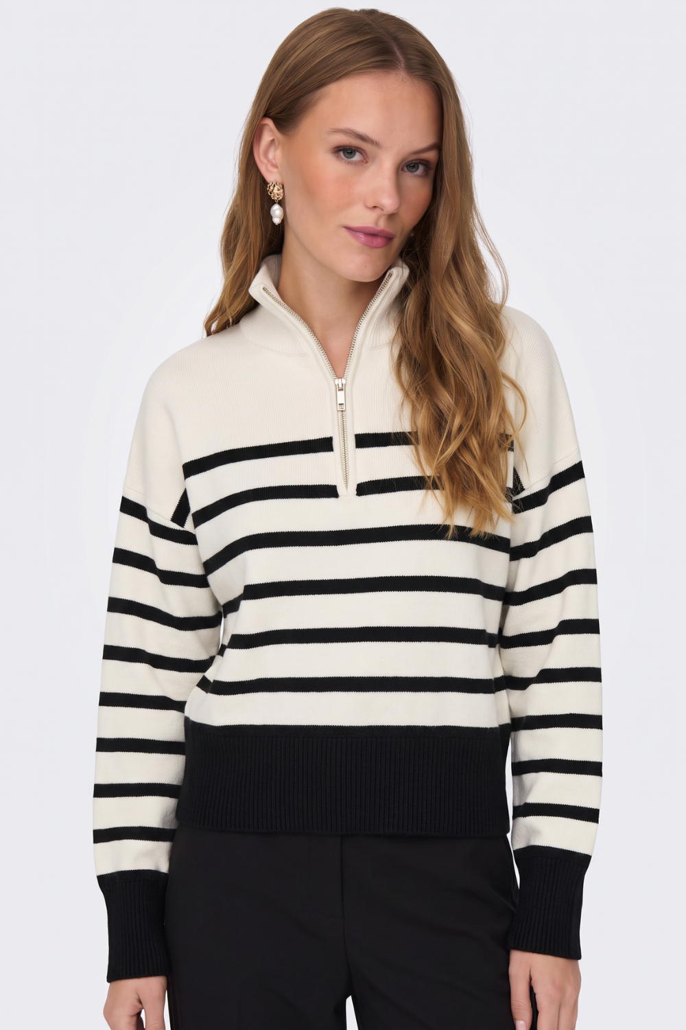 Cream striped jumper funnel collar and half zip, close-up on model