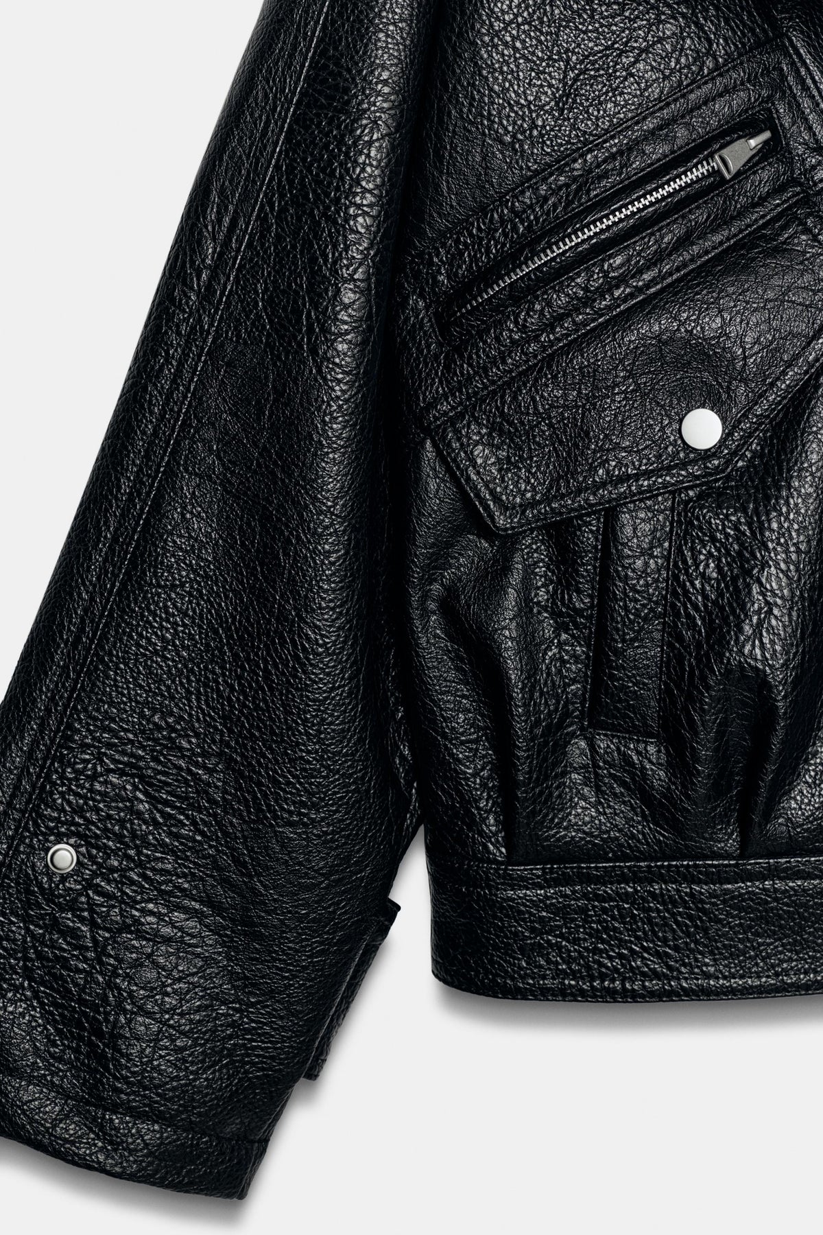Faux Leather Jacket Black Oversized Moto fabric and fastening detail