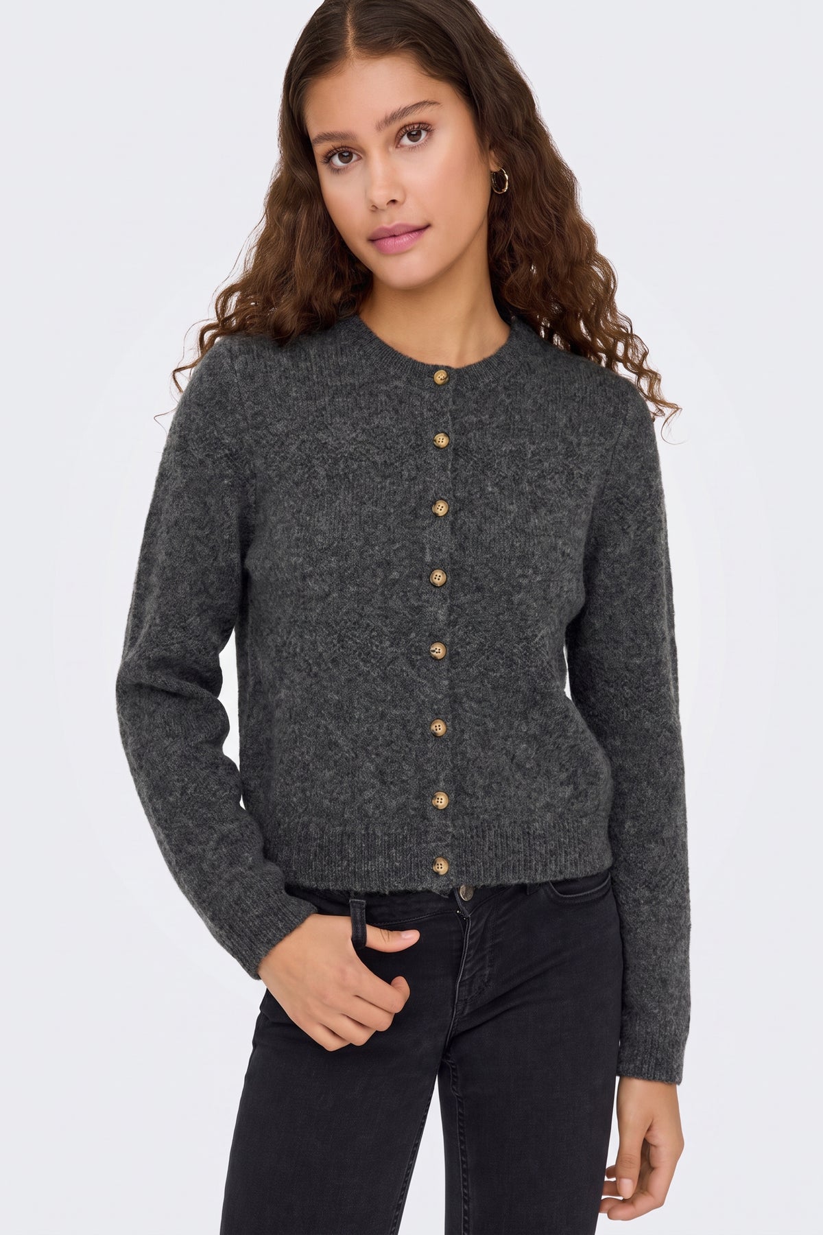 Charcoal piece collar and fastening detail