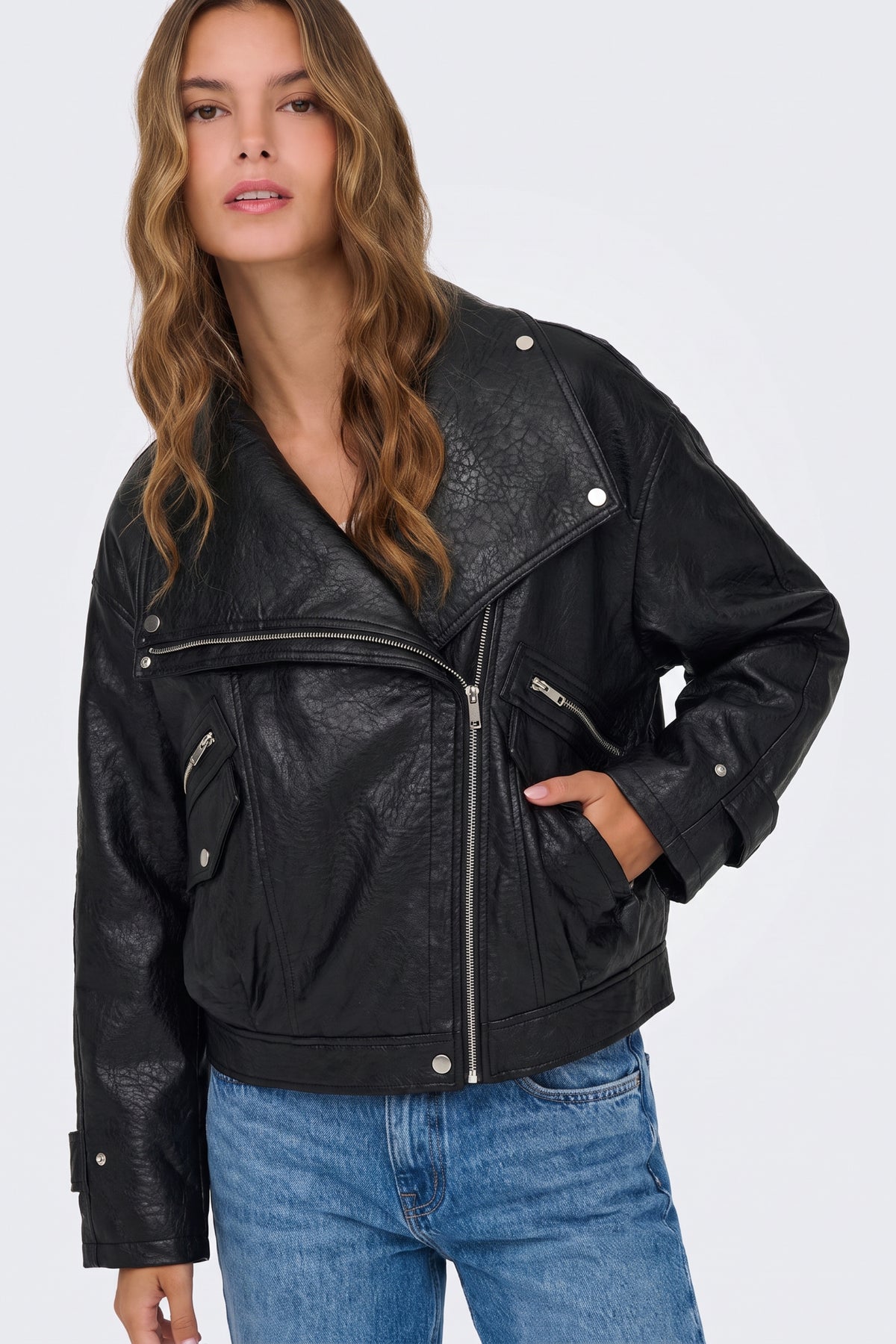 Faux Leather Jacket Black Oversized Moto fabric and fastening detail