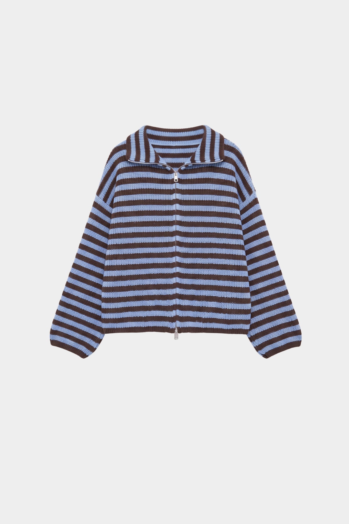 Navy knitwear and outerwear piece, flat product shot, front