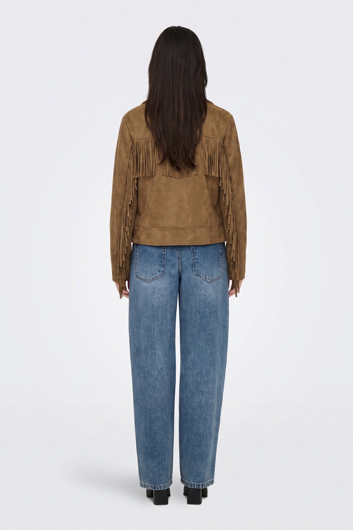 Faux Suede Jacket Tan Fringed Western back view on model