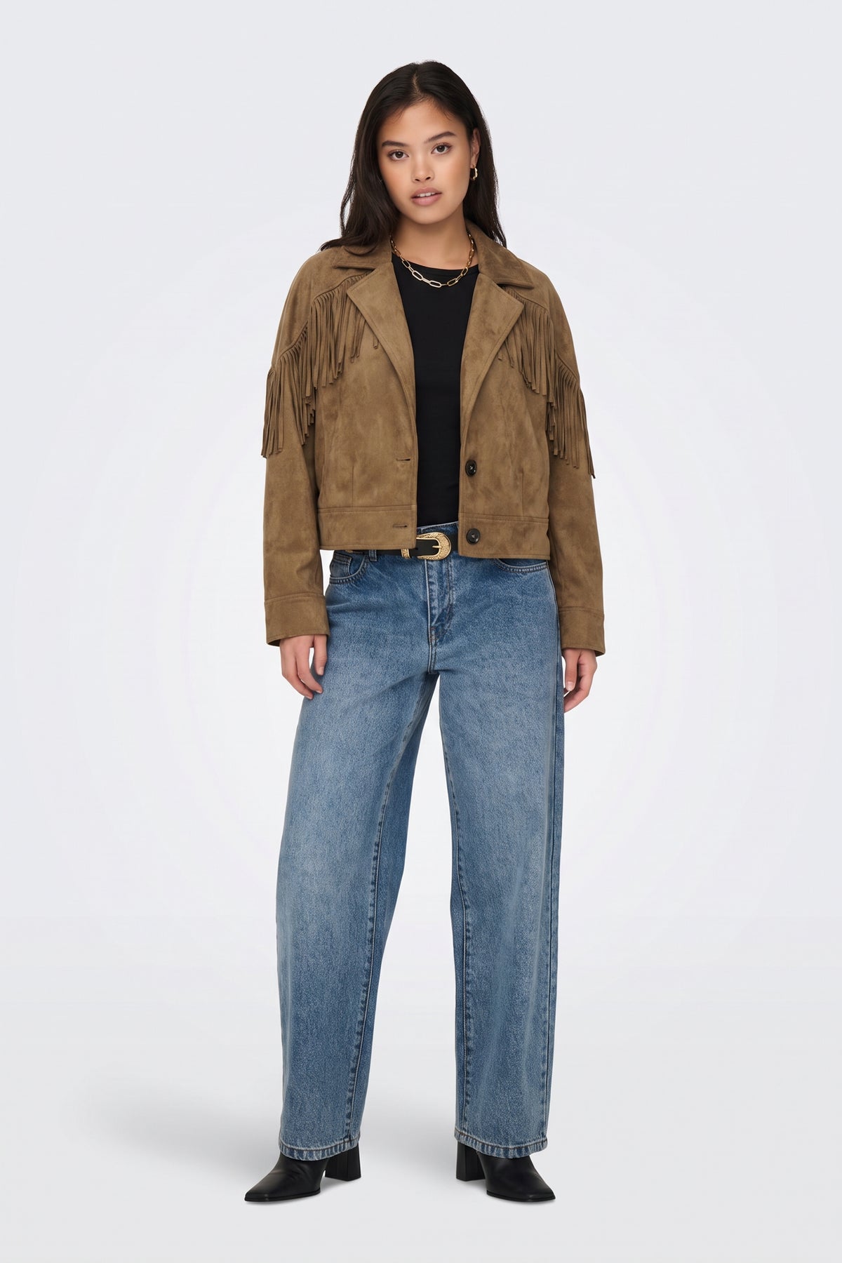 Faux Suede Jacket Tan Fringed Western full length on model