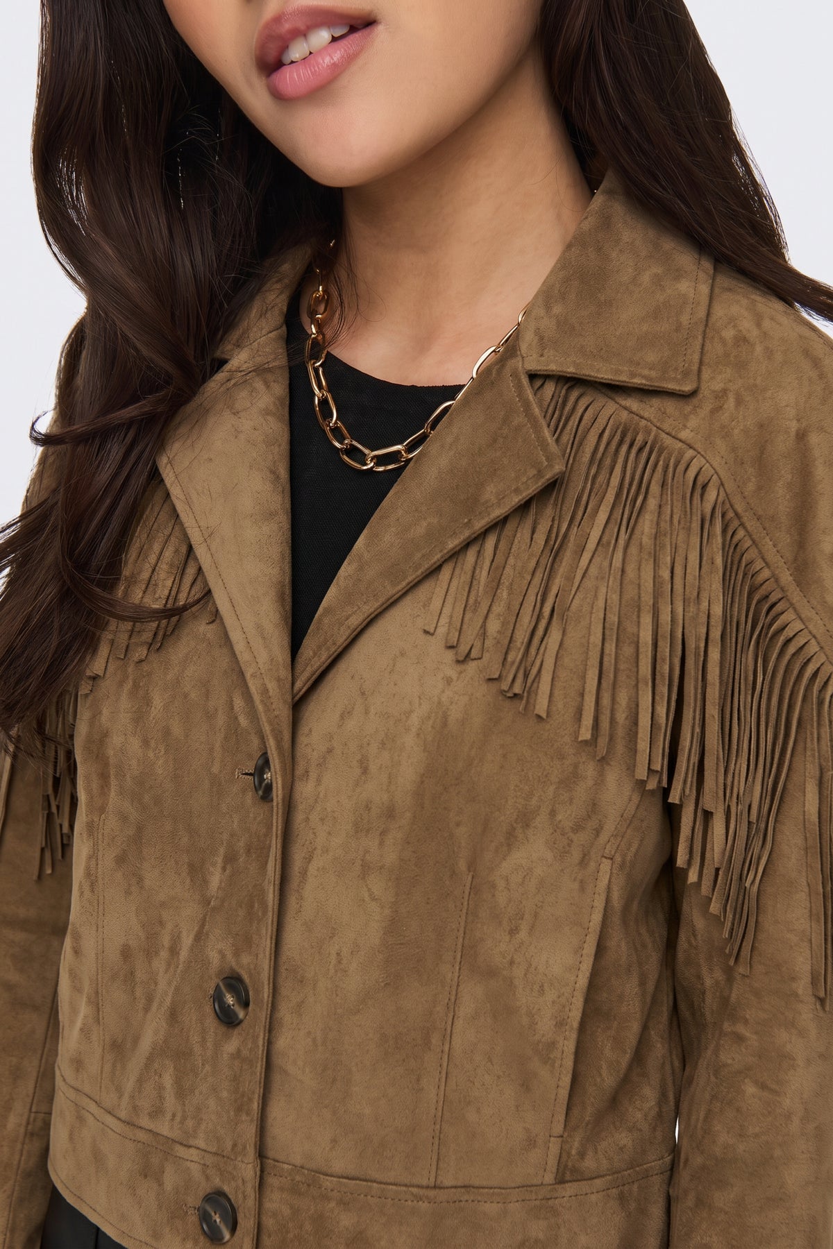 Faux Suede Jacket Tan Fringed Western fabric and fastening detail