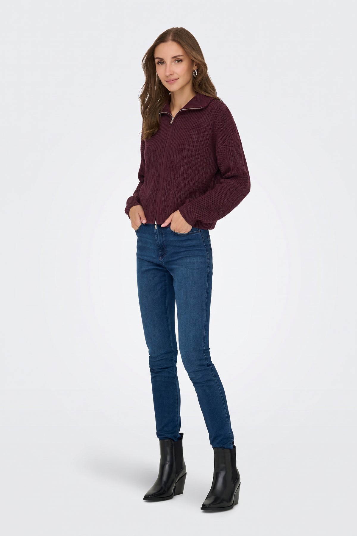 Burgundy piece worn on model, back view