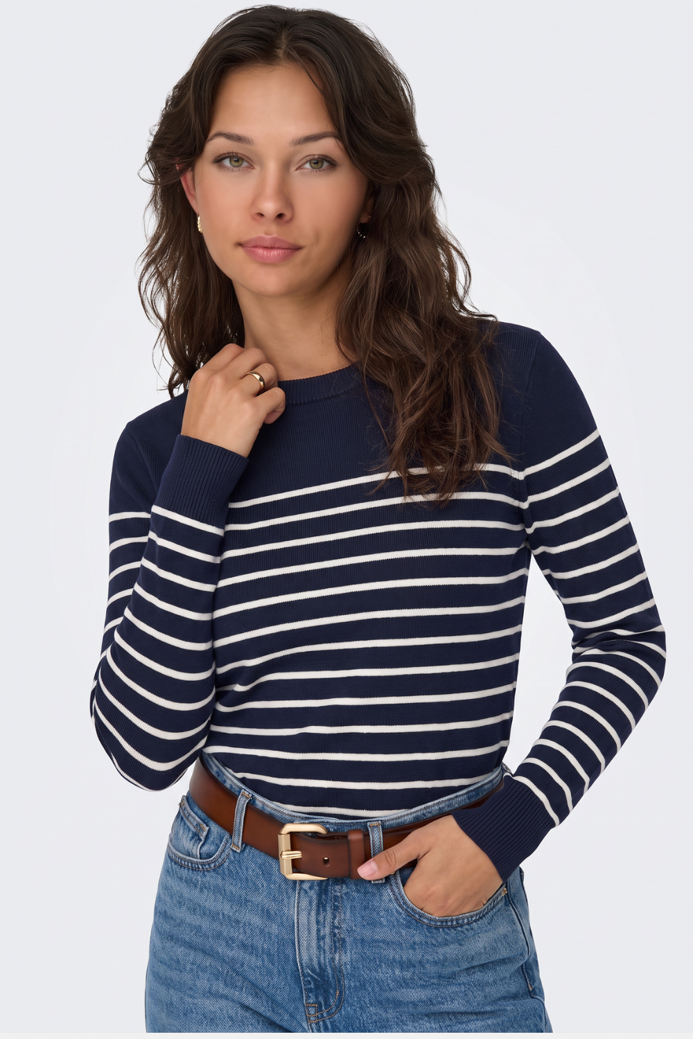 Navy striped fine knit jumper with crew neck, on model