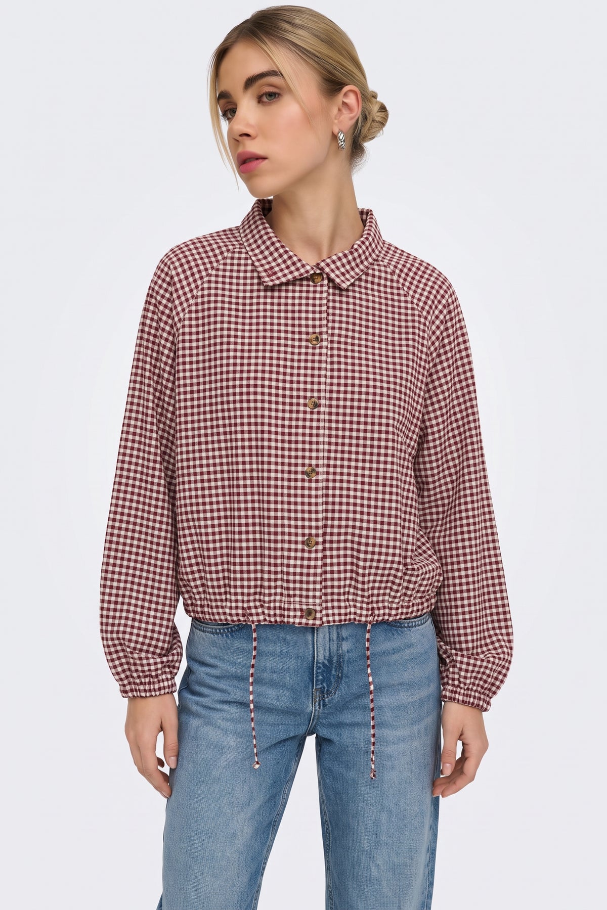 Burgundy check jacket with shirt collar and buttons, on model