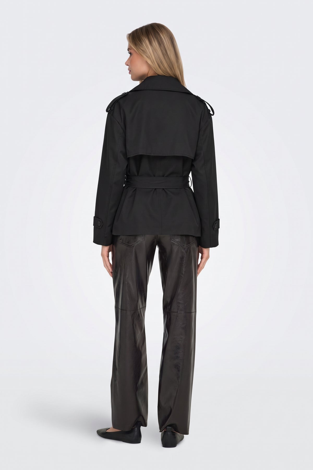 Black short trench jacket back view with storm flap