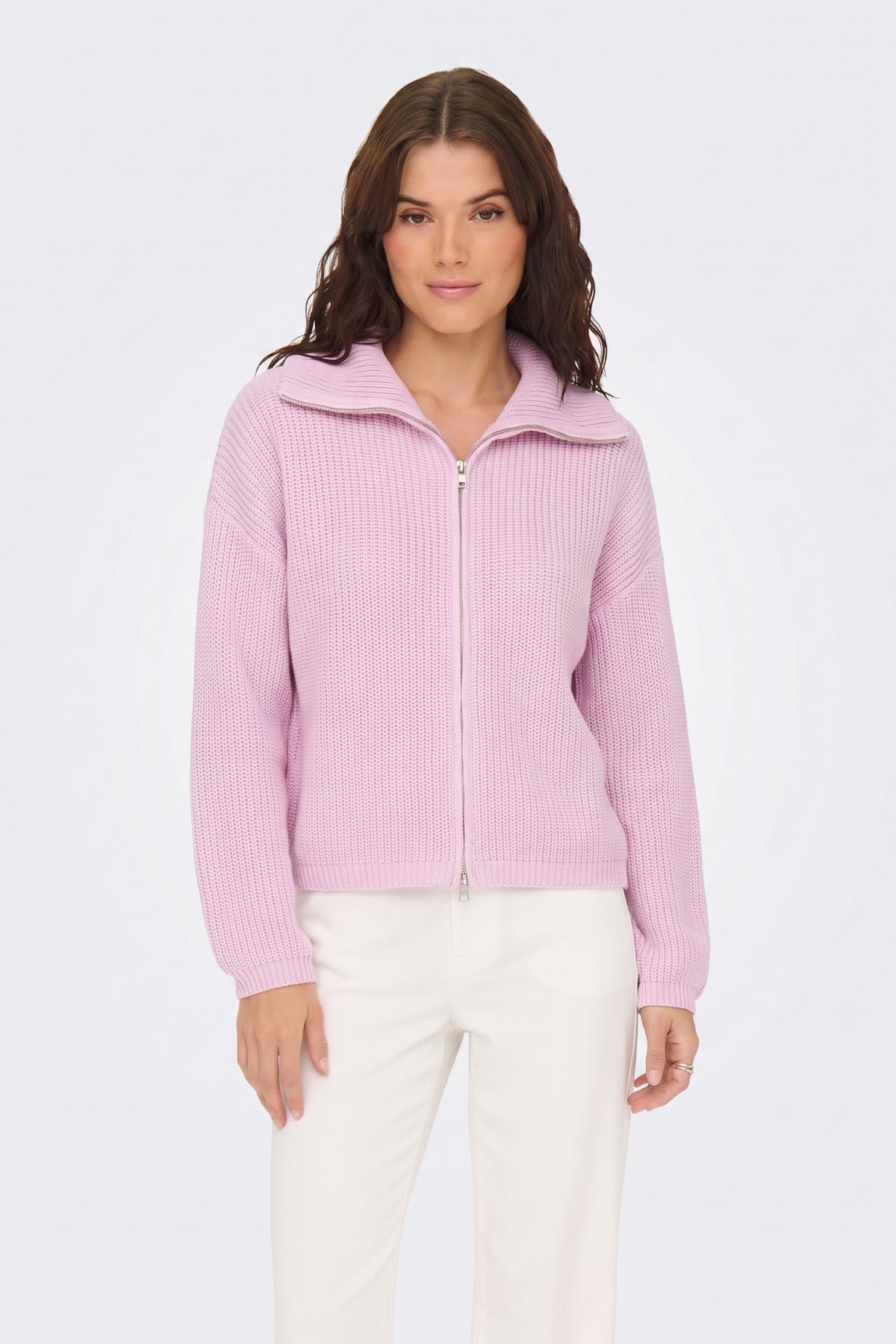 Pink piece worn on model, front view