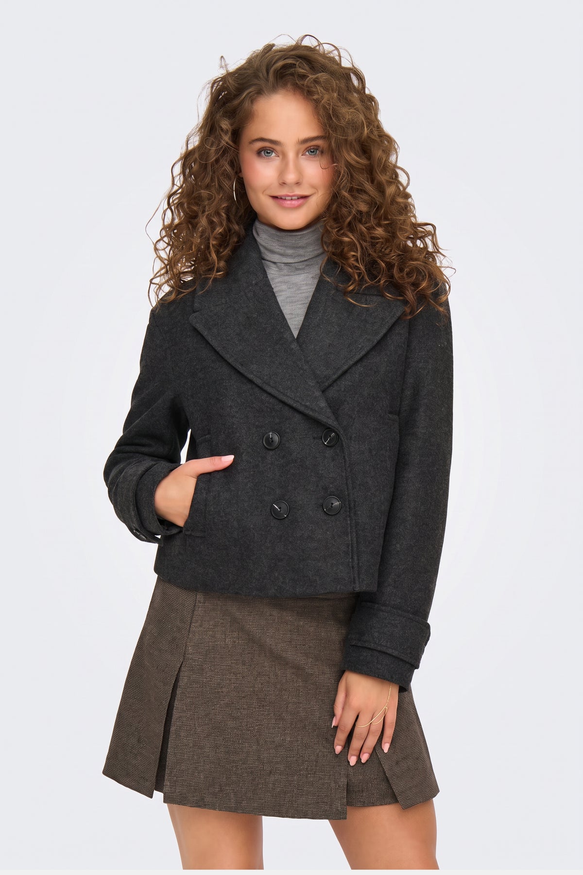 Grey Wool Coat Short Double Breasted Women