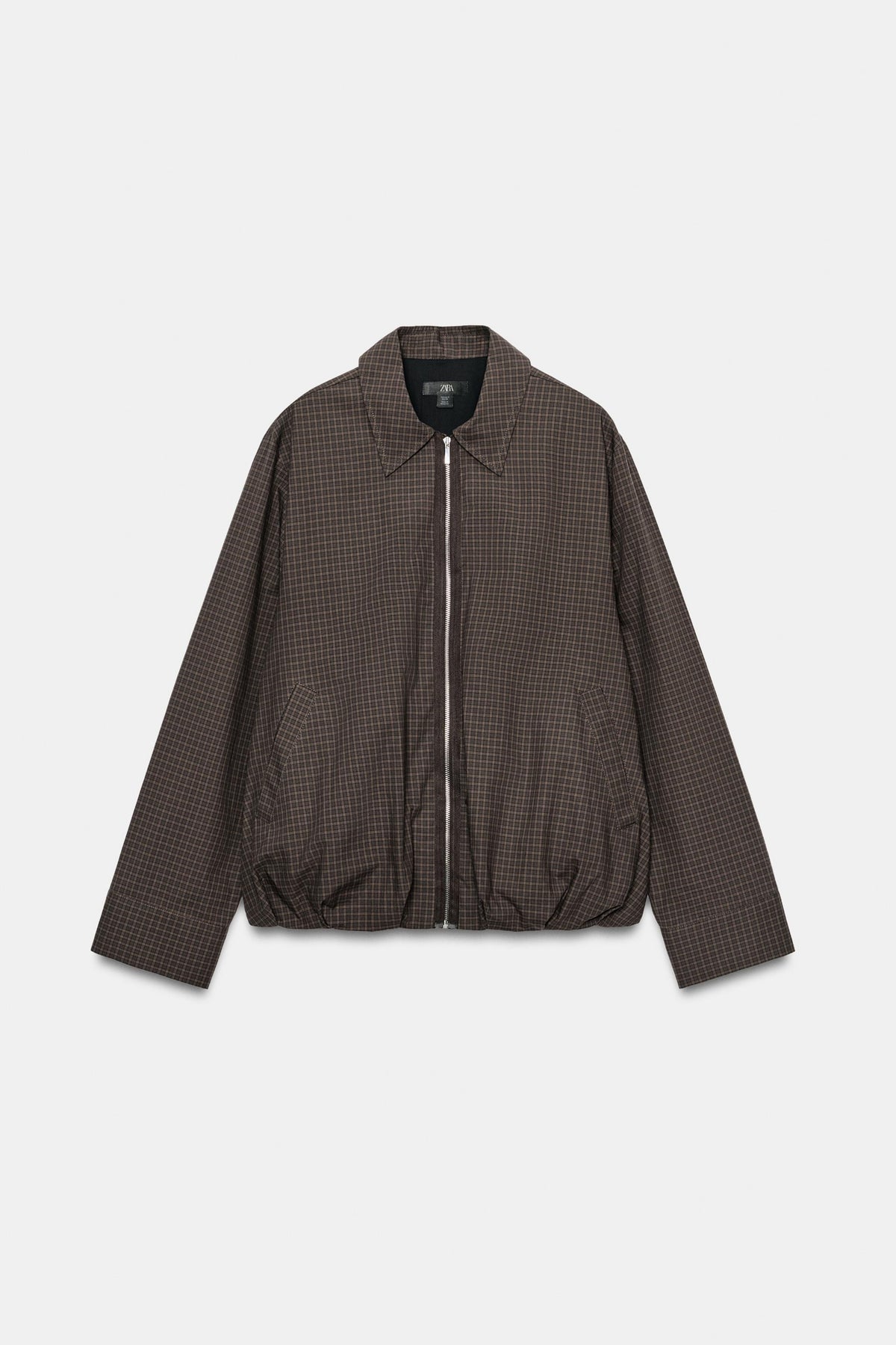 Brown Bomber Jacket Check Funnel Neck, front