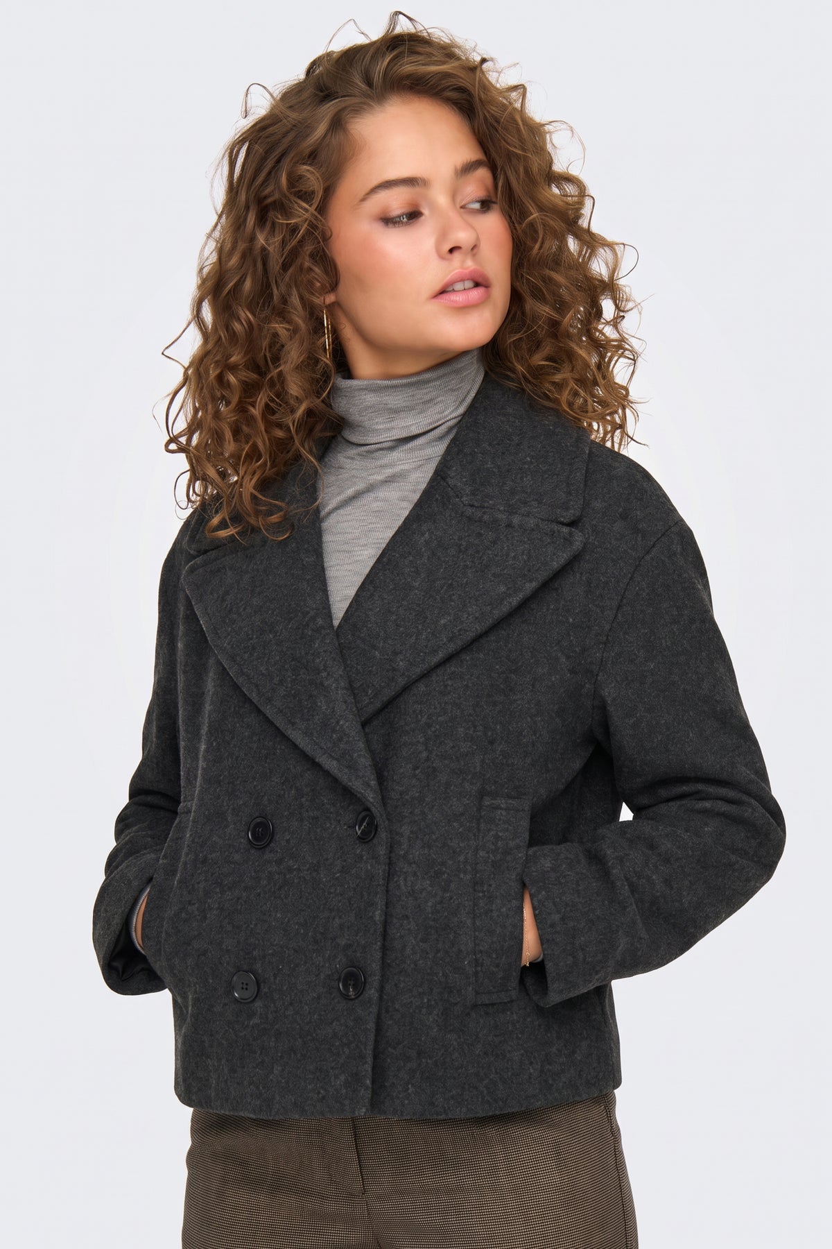 Grey Wool Coat Short Double Breasted Women