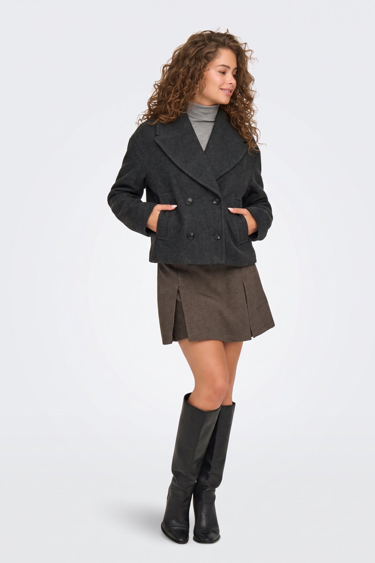 Grey Wool Coat Short Double Breasted Women