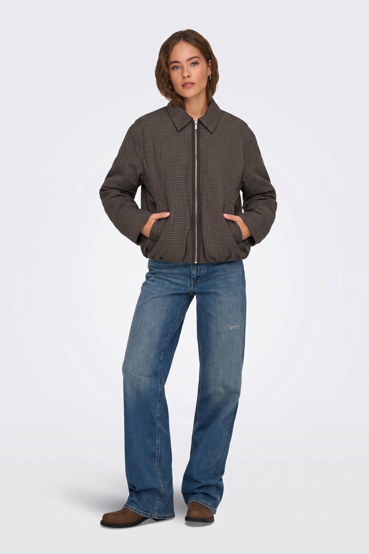 Brown Bomber Jacket Check Funnel Neck full length on model