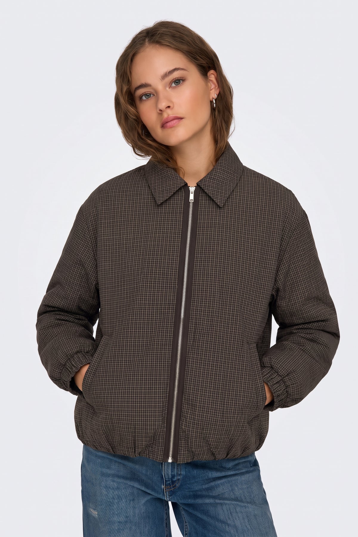 Brown Bomber Jacket Check Funnel Neck worn on model