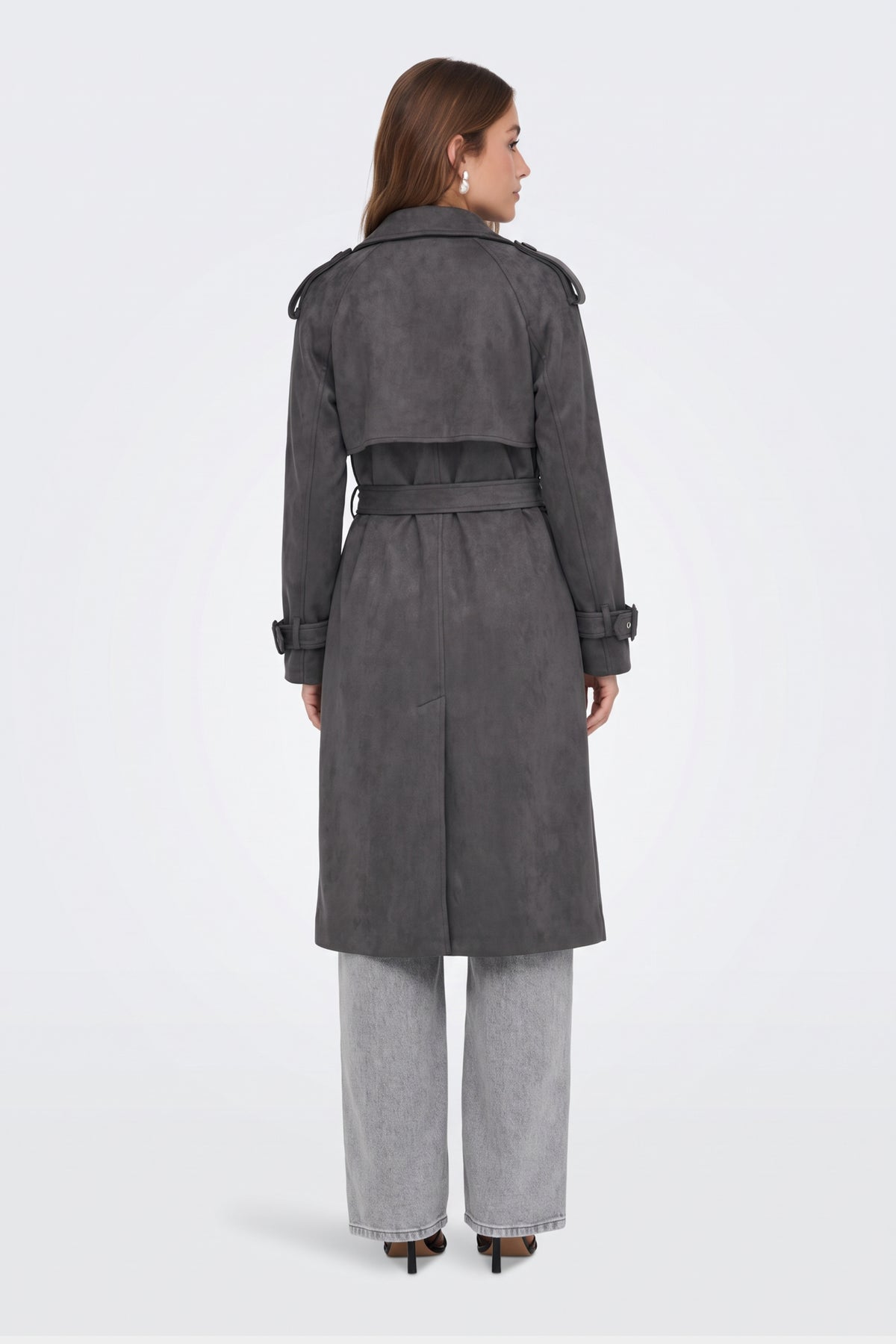 Charcoal piece worn on model, back view
