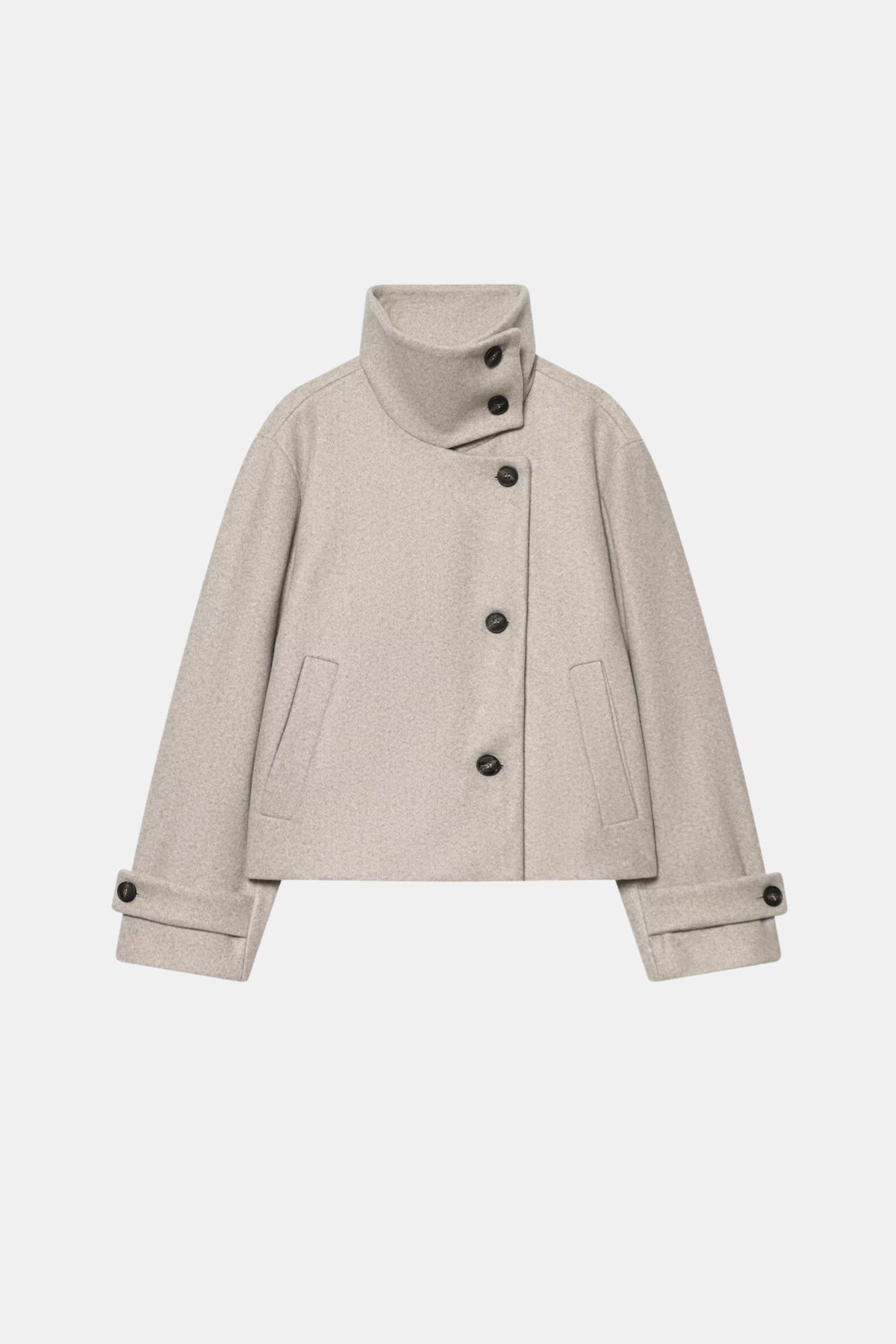 Wool Cream Jacket Cropped Funnel Neck Women