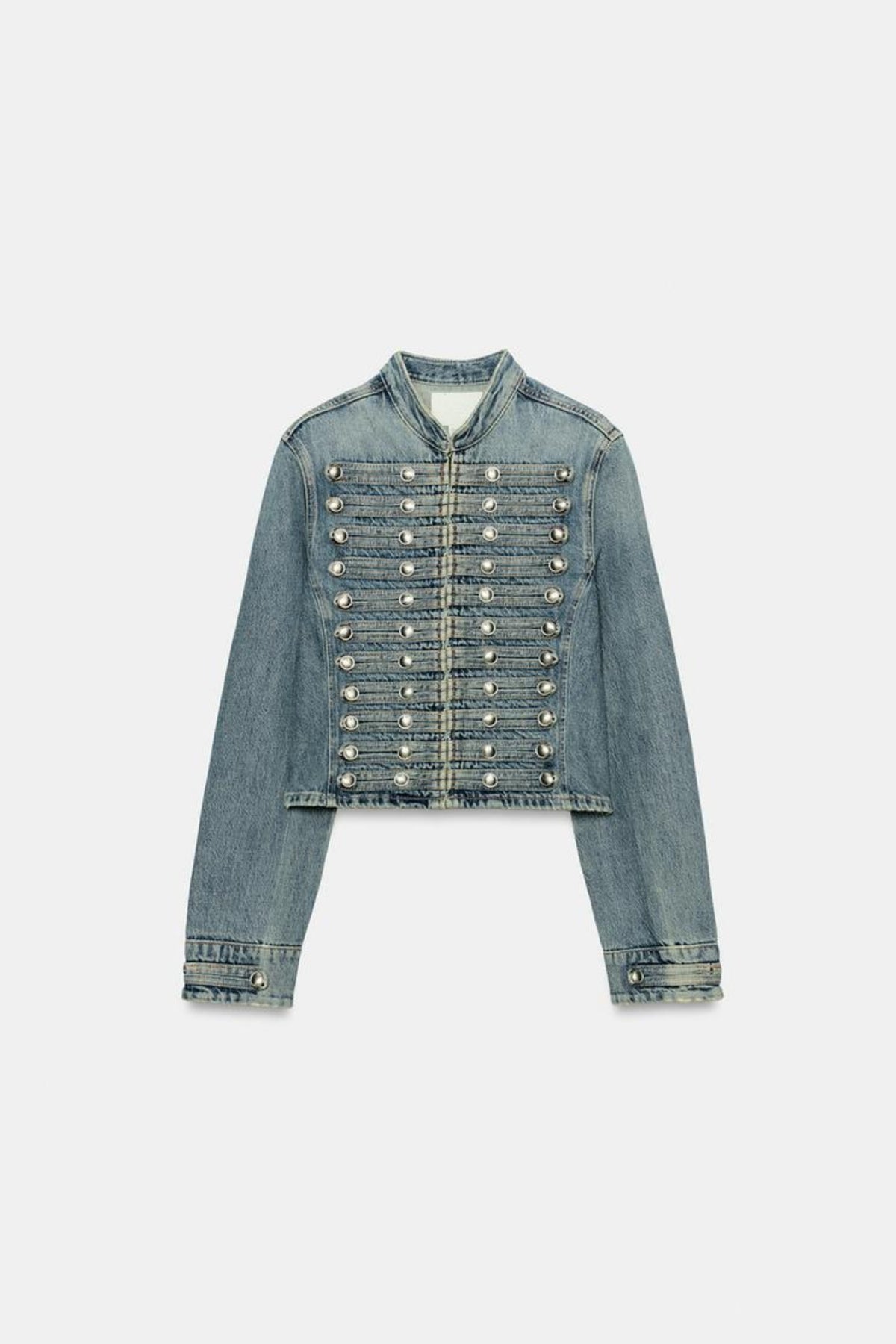 Military Denim Jacket Blue Fitted Cropped Women